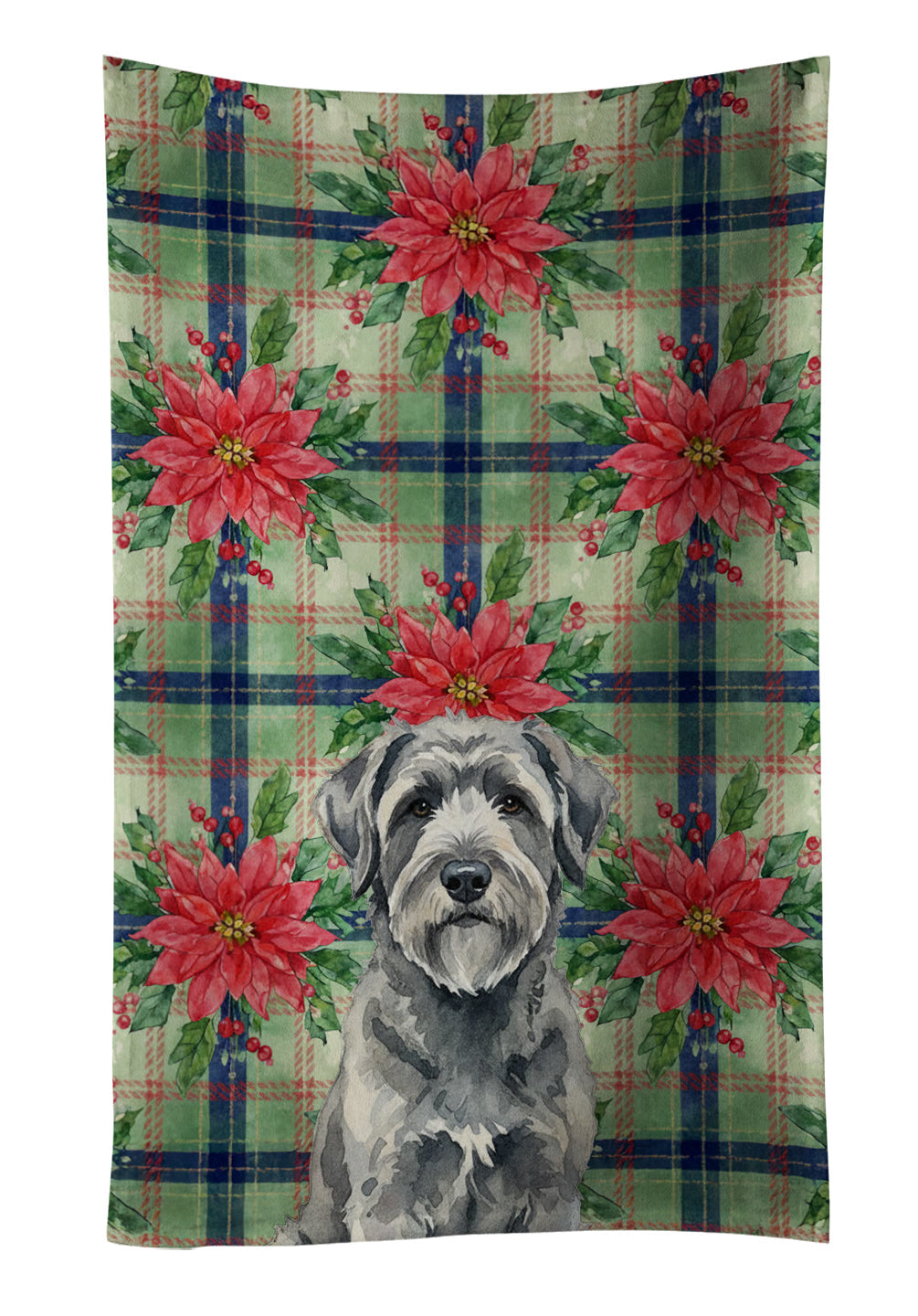Gray Bouvier des Flandres Christmas PoinsettIas Kitchen Towel Velour Plush Front and Cotton Loop Back Machine Washable