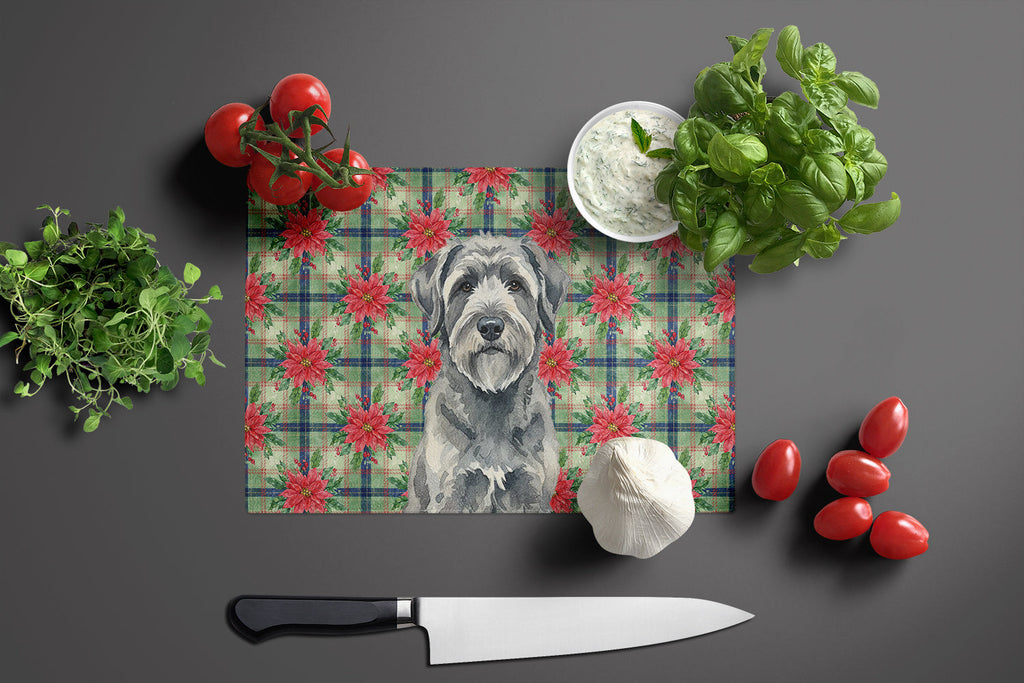 Gray Bouvier des Flandres Christmas PoinsettIas Cutting Board Tempered Glass Kitchen Cutting Surface, Heat Resistant Chopping, Non-Slip Feet, Food Prep & Serving