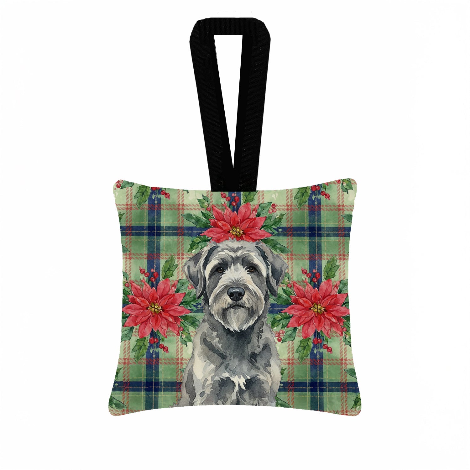 Gray Bouvier des Flandres Christmas PoinsettIas Hanging Square Fabric Ornament 3.5 � 3.5 Decorative Door-Knob & Tree Hanger, Soft Fabric