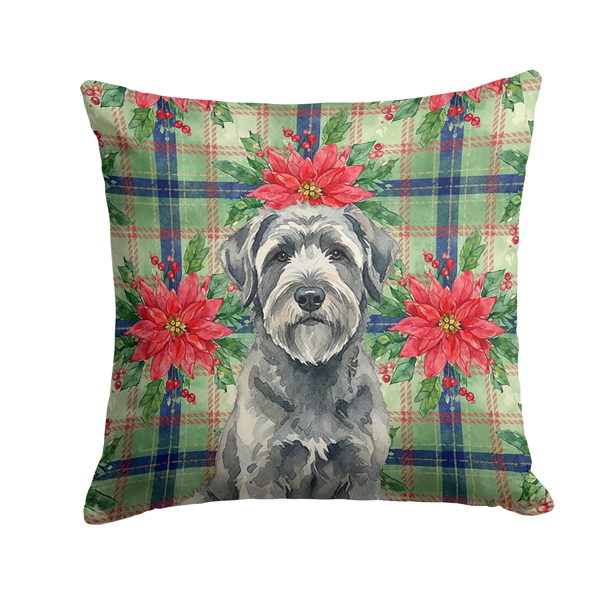 Gray Bouvier des Flandres Christmas PoinsettIas Decorative Throw Pillow 18x18 Indoor Outdoor Accent Cushion, Fabric Cover with Insert for Sofa, Bed, Porch & Living Room