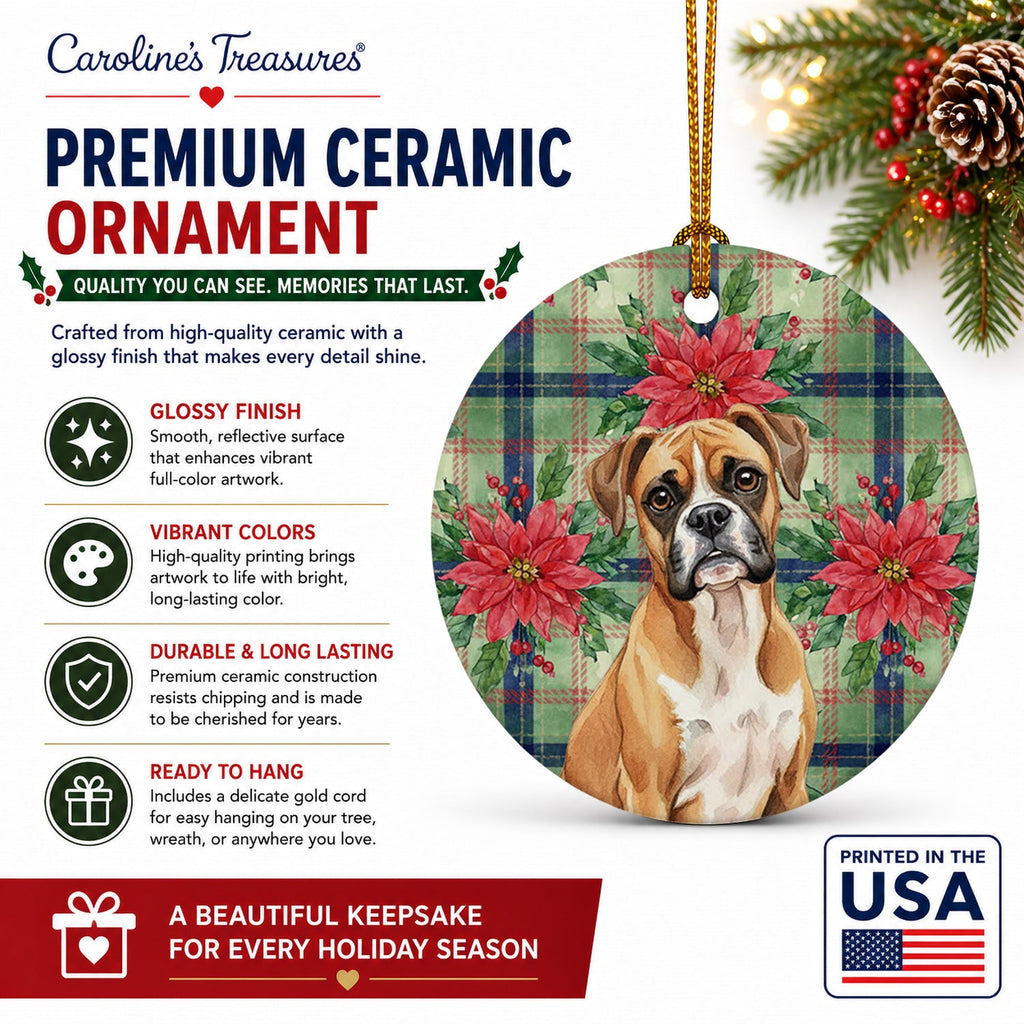 Boxer Christmas PoinsettIas Ceramic Ornament Christmas Tree Hanging Decorations for Home Christmas Holiday, Party, Gift, 3 in, Multicolor