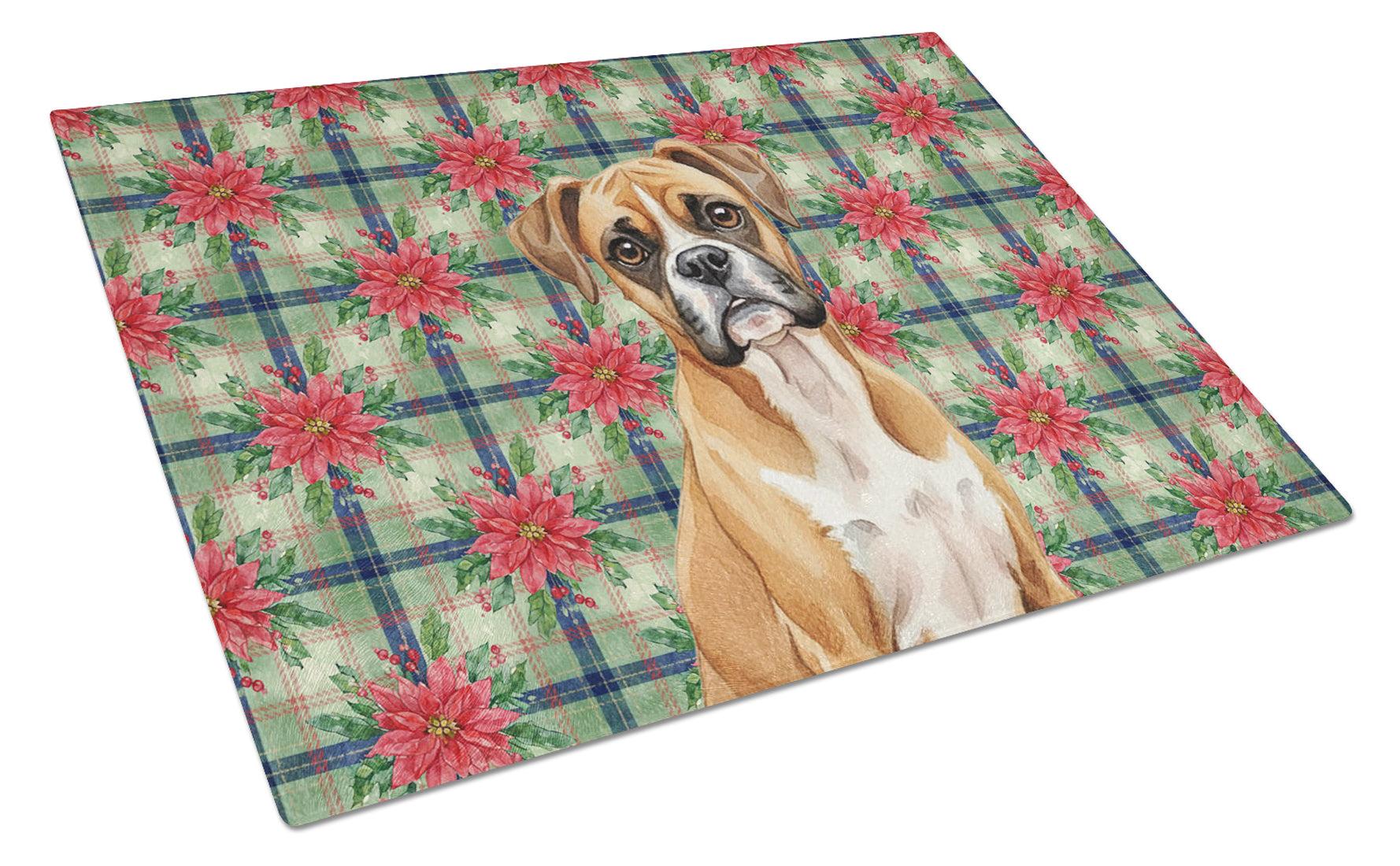 Boxer Christmas PoinsettIas Cutting Board Tempered Glass Kitchen Cutting Surface, Heat Resistant Chopping, Non-Slip Feet, Food Prep & Serving