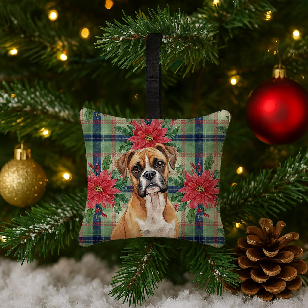 Boxer Christmas PoinsettIas Hanging Square Fabric Ornament 3.5 � 3.5 Decorative Door-Knob & Tree Hanger, Soft Fabric