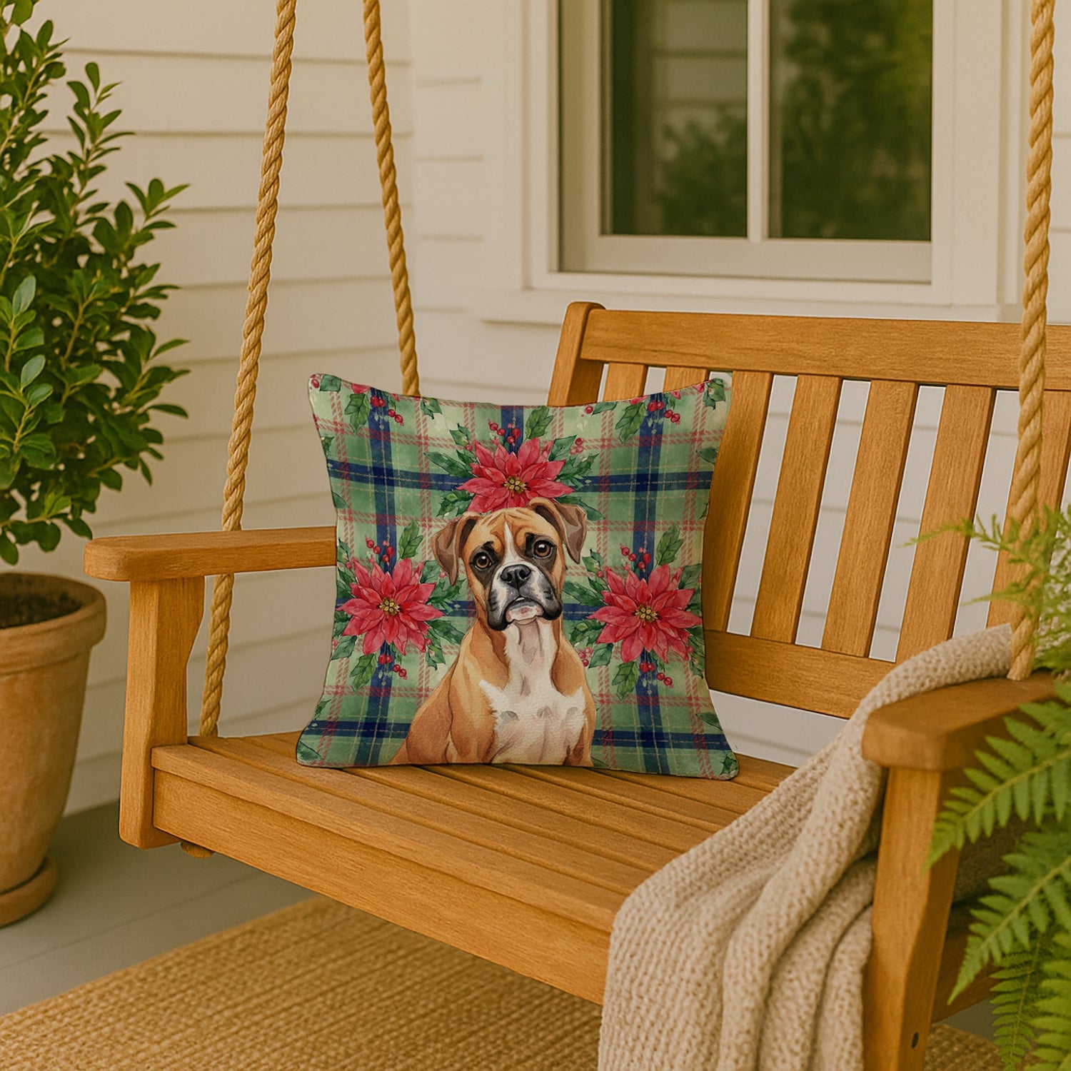 Boxer Christmas PoinsettIas Decorative Throw Pillow 18x18 Indoor Outdoor Accent Cushion, Fabric Cover with Insert for Sofa, Bed, Porch & Living Room