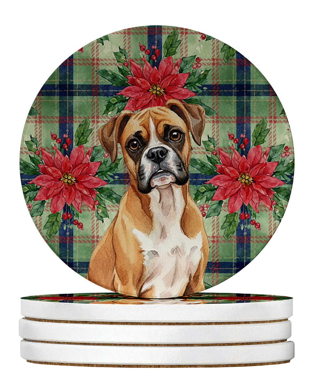 Boxer Christmas PoinsettIas Large Sandstone Coasters Pack of 4 Absorbent Round Coasters Decor Gifts for Men or Women, 4 in, Multicolor