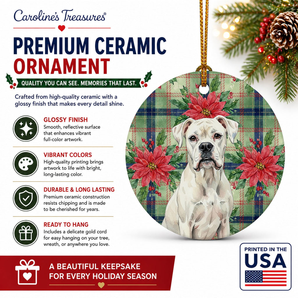 White Boxer Christmas PoinsettIas Ceramic Ornament Christmas Tree Hanging Decorations for Home Christmas Holiday, Party, Gift, 3 in, Multicolor