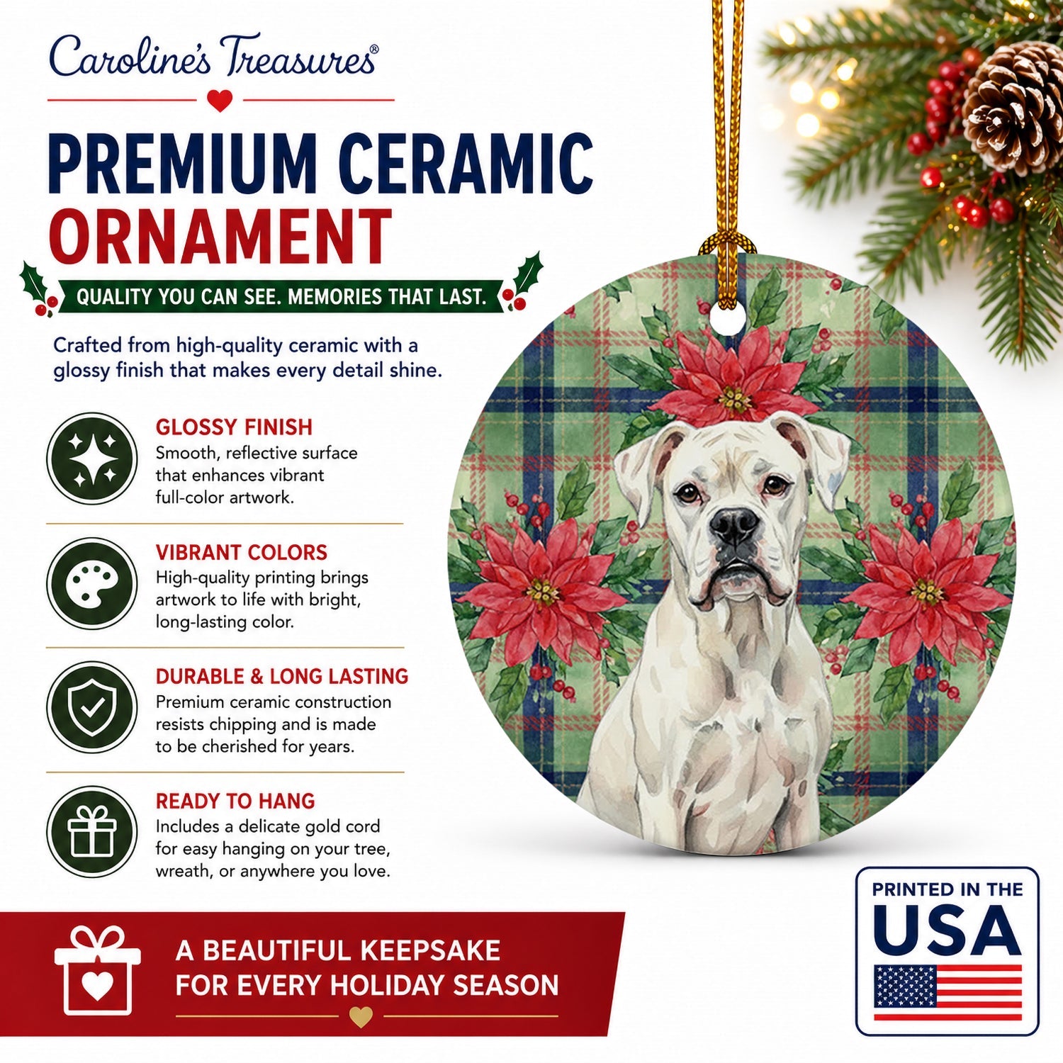 White Boxer Christmas PoinsettIas Ceramic Ornament Christmas Tree Hanging Decorations for Home Christmas Holiday, Party, Gift, 3 in, Multicolor