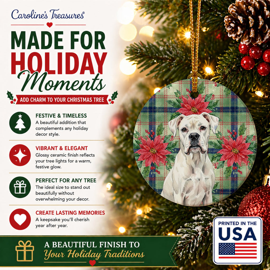White Boxer Christmas PoinsettIas Ceramic Ornament Christmas Tree Hanging Decorations for Home Christmas Holiday, Party, Gift, 3 in, Multicolor