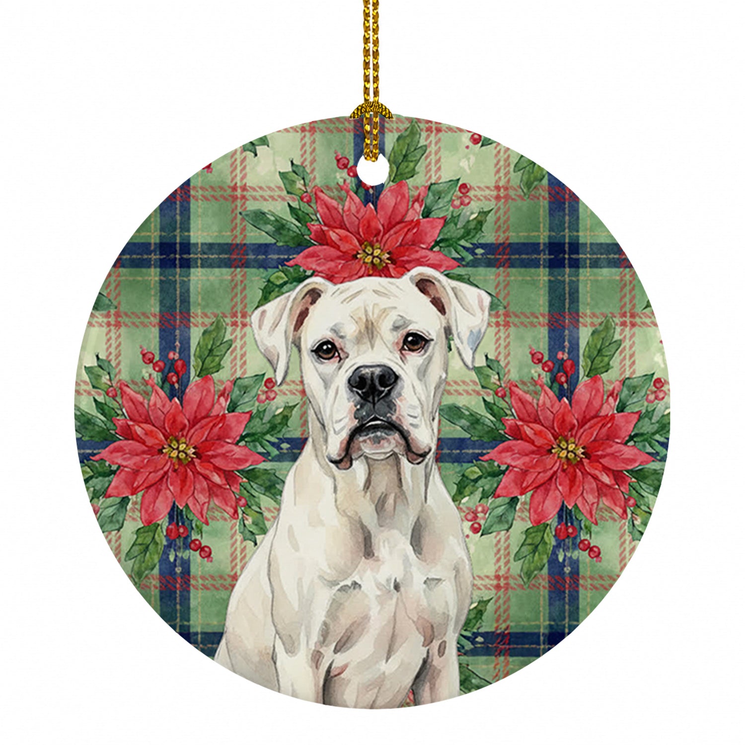 White Boxer Christmas PoinsettIas Ceramic Ornament Christmas Tree Hanging Decorations for Home Christmas Holiday, Party, Gift, 3 in, Multicolor