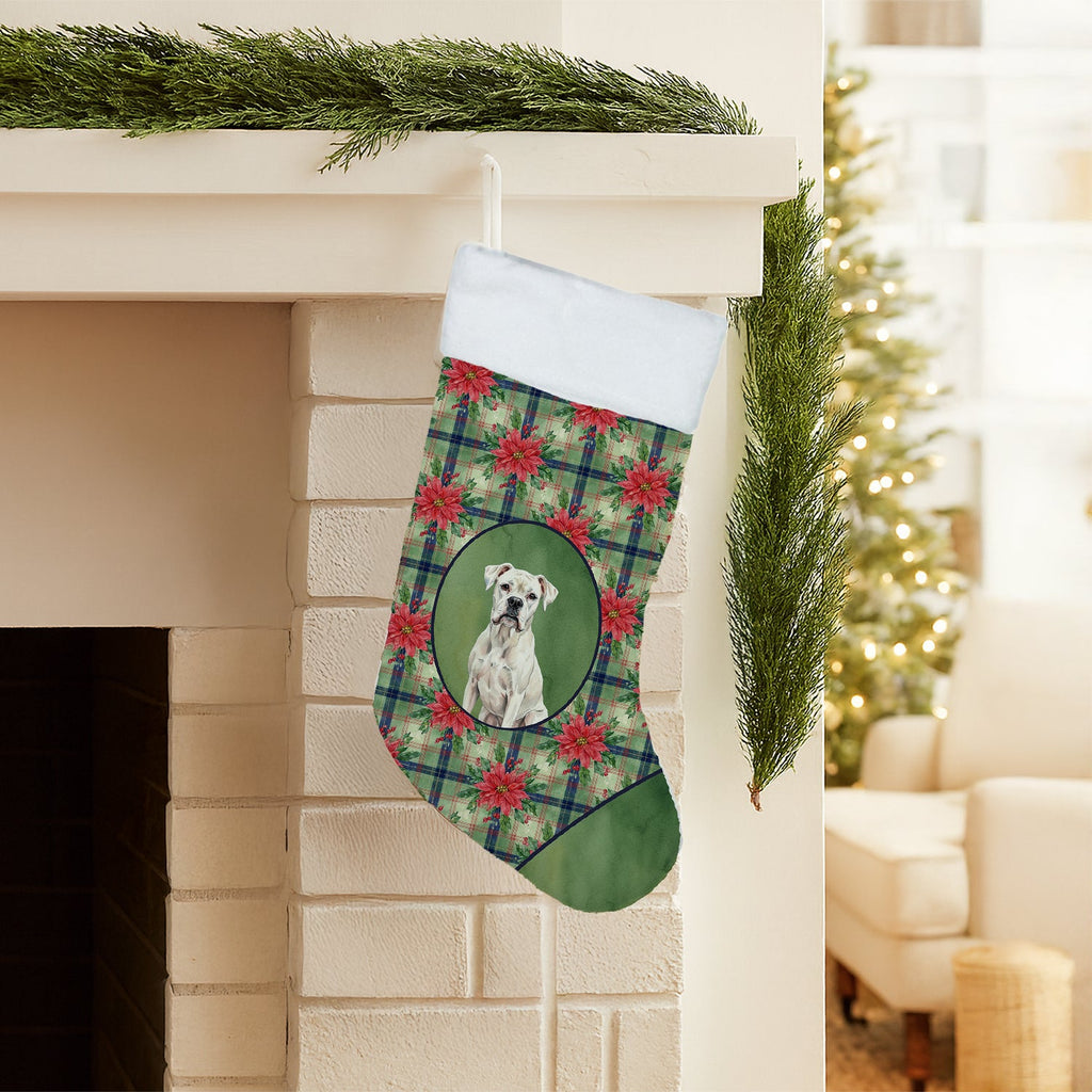 White Boxer Christmas PoinsettIas Holiday Stocking Double-Sided Print, Polyester Suede,11x18, Made in USA