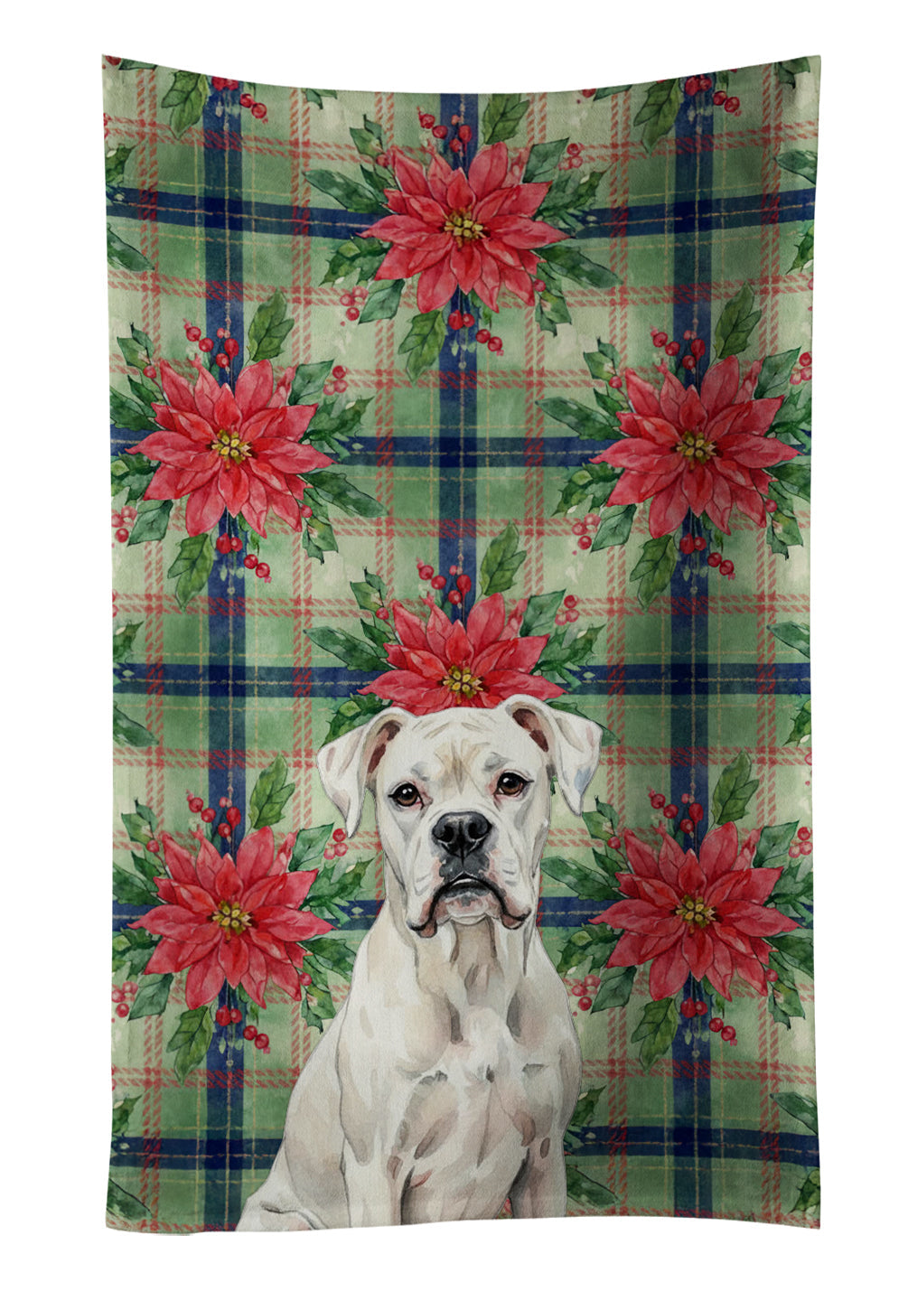 White Boxer Christmas PoinsettIas Kitchen Towel Velour Plush Front and Cotton Loop Back Machine Washable