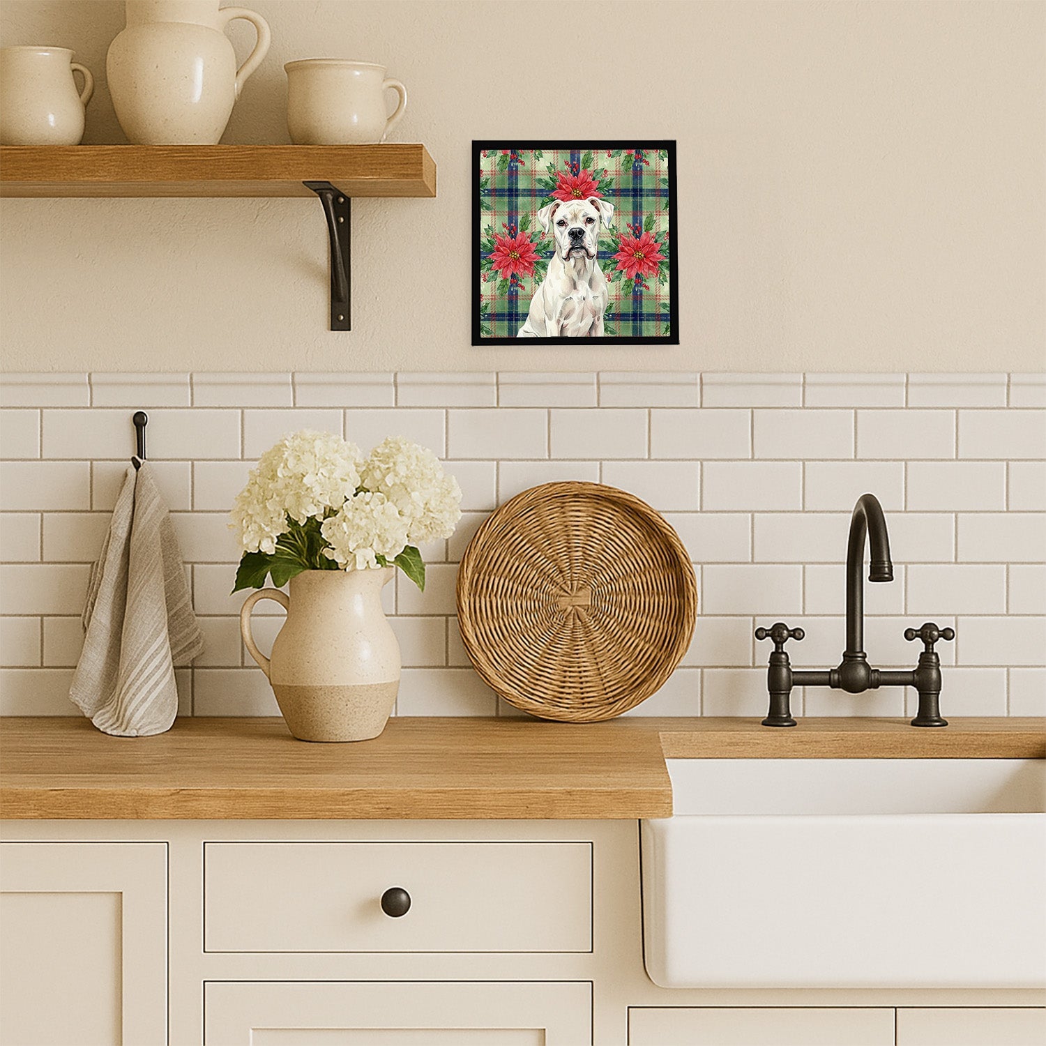 White Boxer Christmas PoinsettIas Framed Metal Print Bathroom, Kitchen, Office, Home Decor Wall Art Ready to Hang, Square, 8X8