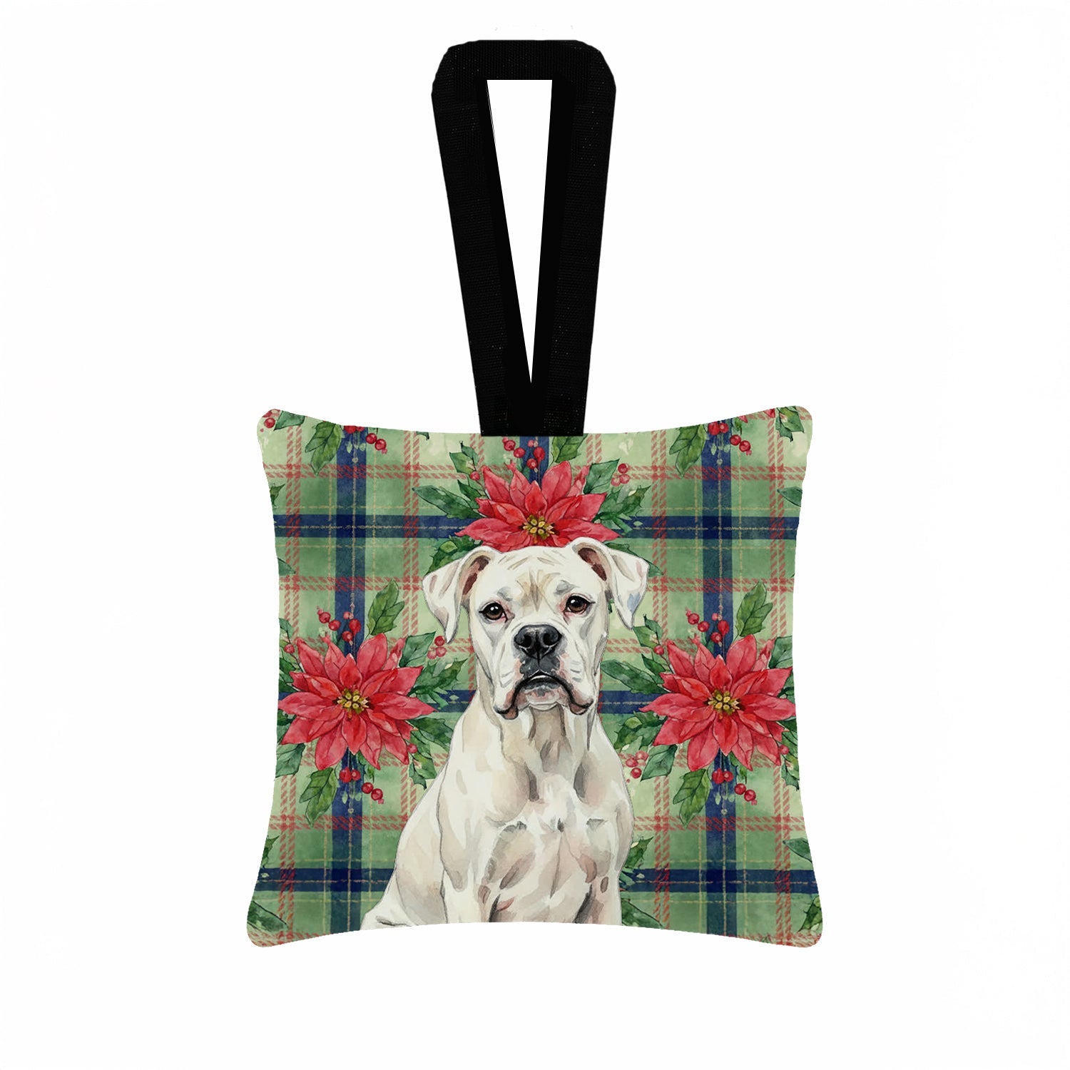 White Boxer Christmas PoinsettIas Hanging Square Fabric Ornament 3.5 � 3.5 Decorative Door-Knob & Tree Hanger, Soft Fabric
