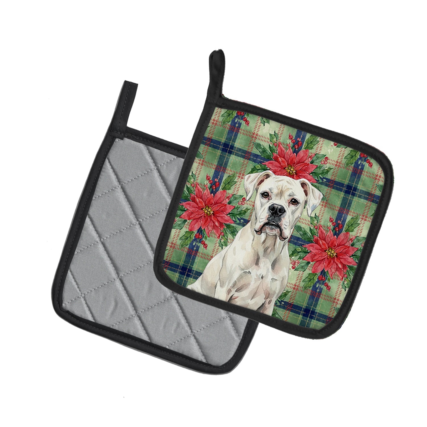 White Boxer Christmas PoinsettIas Pot Holder Set of 2 Heat Resistant Quilted Hot Pads 7.5 x 7.5 Inch, Insulated Kitchen Trivets for Cooking & Baking