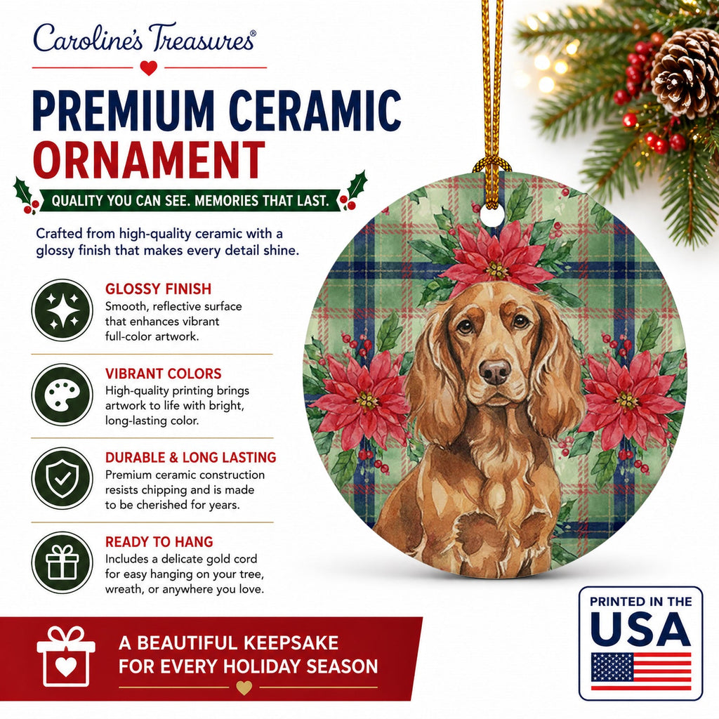 Boykin Spaniel Christmas PoinsettIas Ceramic Ornament Christmas Tree Hanging Decorations for Home Christmas Holiday, Party, Gift, 3 in, Multicolor