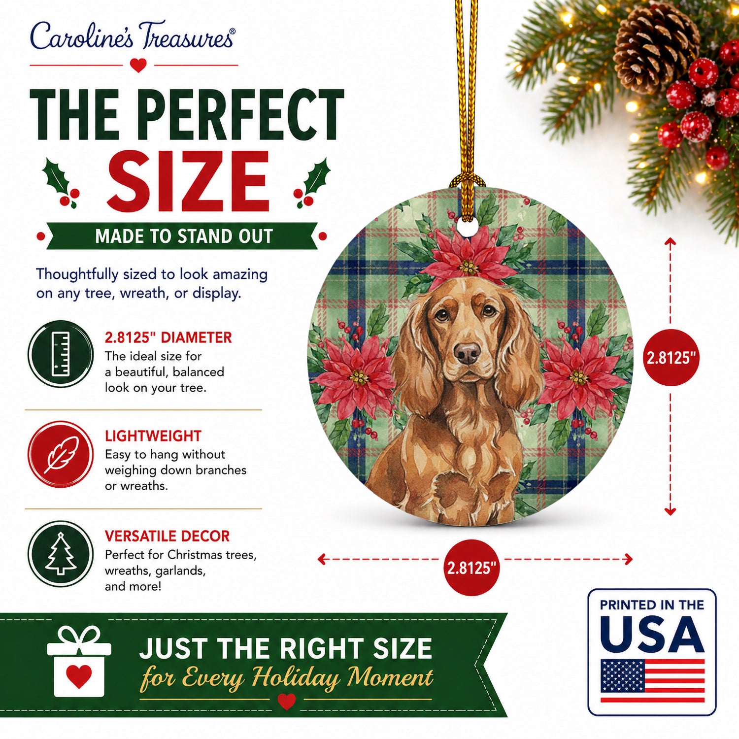 Boykin Spaniel Christmas PoinsettIas Ceramic Ornament Christmas Tree Hanging Decorations for Home Christmas Holiday, Party, Gift, 3 in, Multicolor