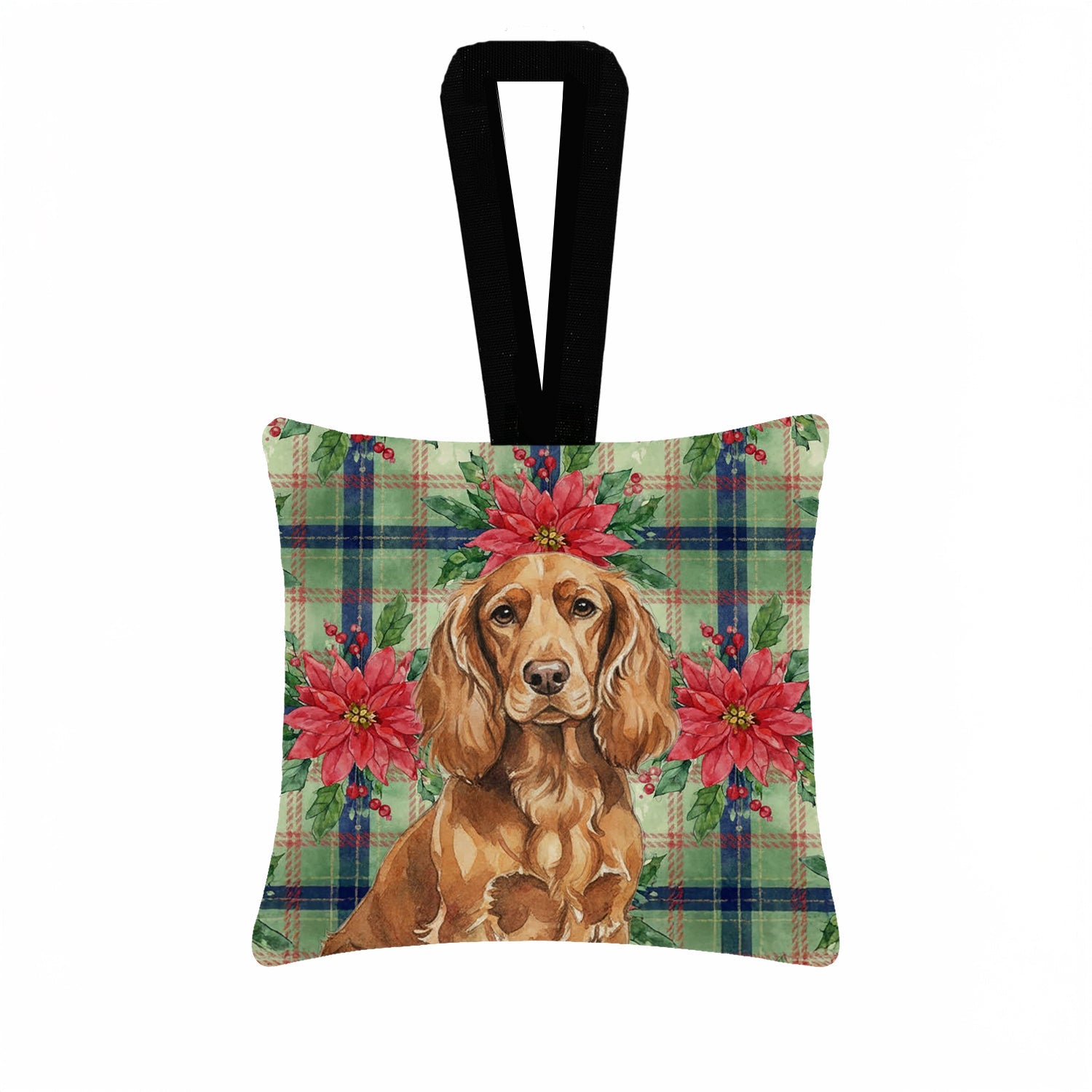 Boykin Spaniel Christmas PoinsettIas Hanging Square Fabric Ornament 3.5 � 3.5 Decorative Door-Knob & Tree Hanger, Soft Fabric