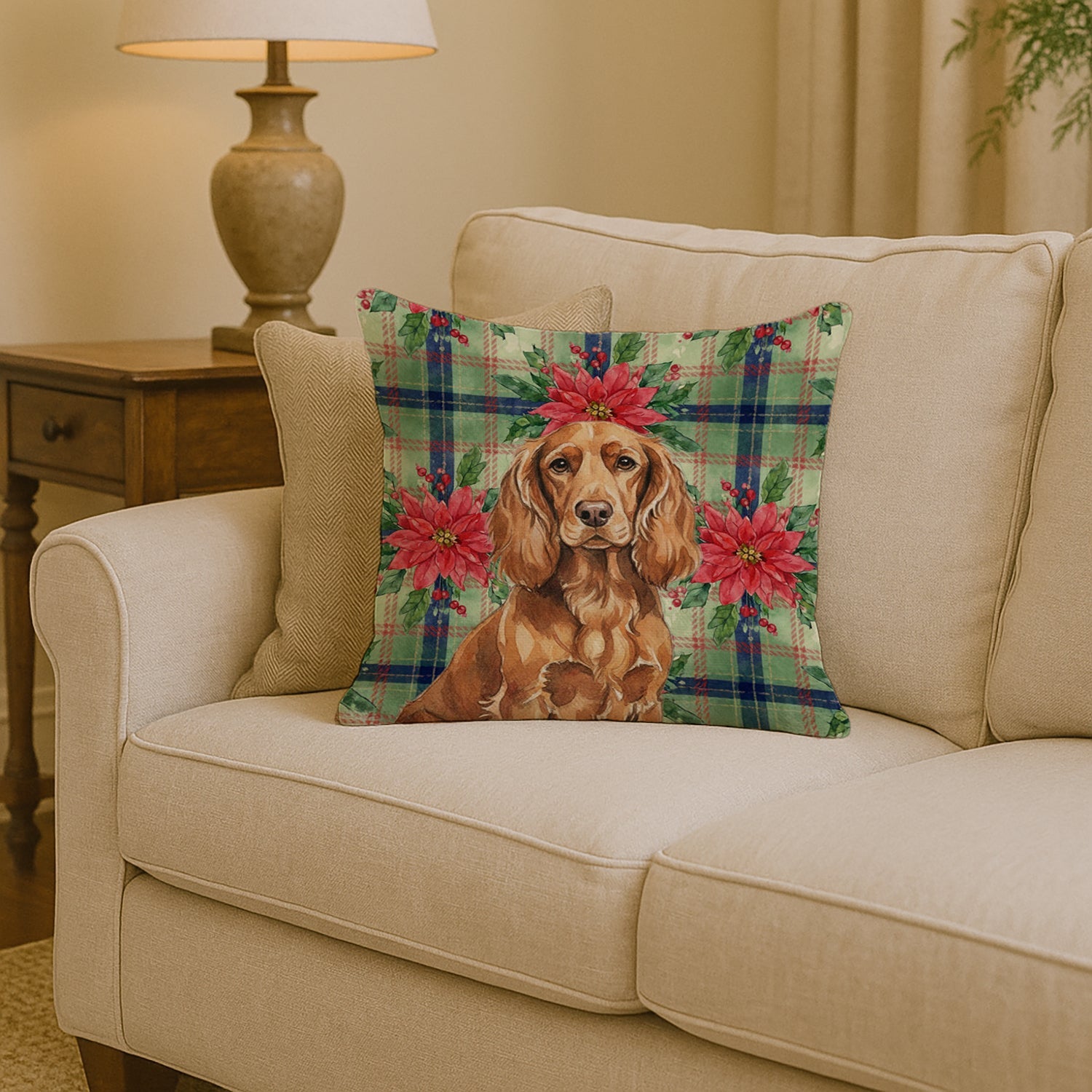 Boykin Spaniel Christmas PoinsettIas Decorative Throw Pillow 14x14 Indoor Outdoor Accent Cushion, Fabric Cover with Insert for Sofa, Bed, Porch & Living Room