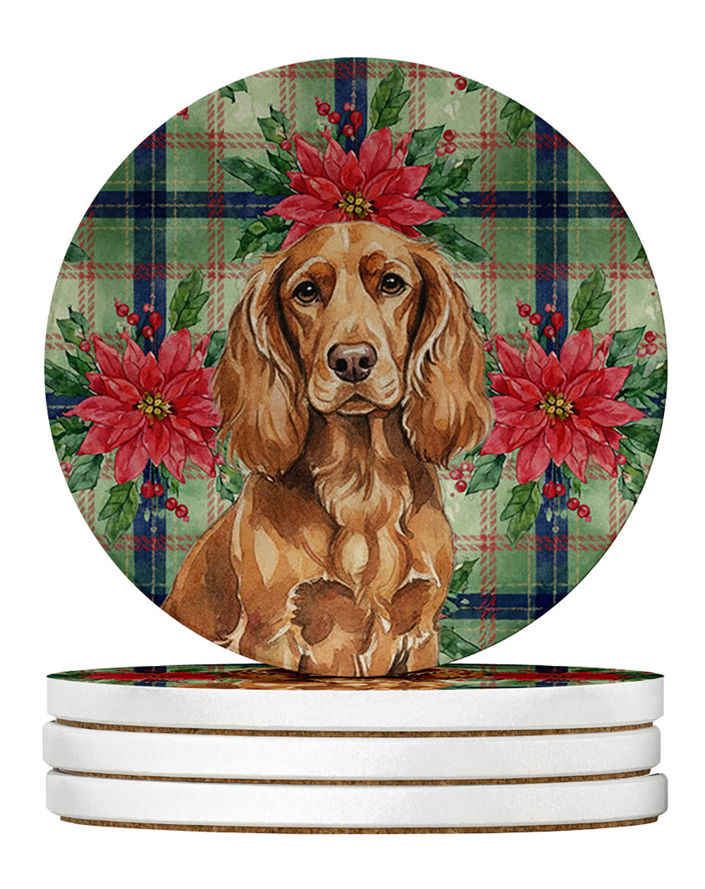 Boykin Spaniel Christmas PoinsettIas Large Sandstone Coasters Pack of 4 Absorbent Round Coasters Decor Gifts for Men or Women, 4 in, Multicolor