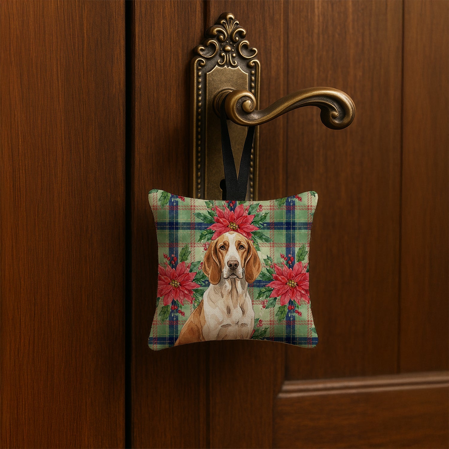 Bracco Italiano Christmas PoinsettIas Hanging Square Fabric Ornament 3.5 � 3.5 Decorative Door-Knob & Tree Hanger, Soft Fabric