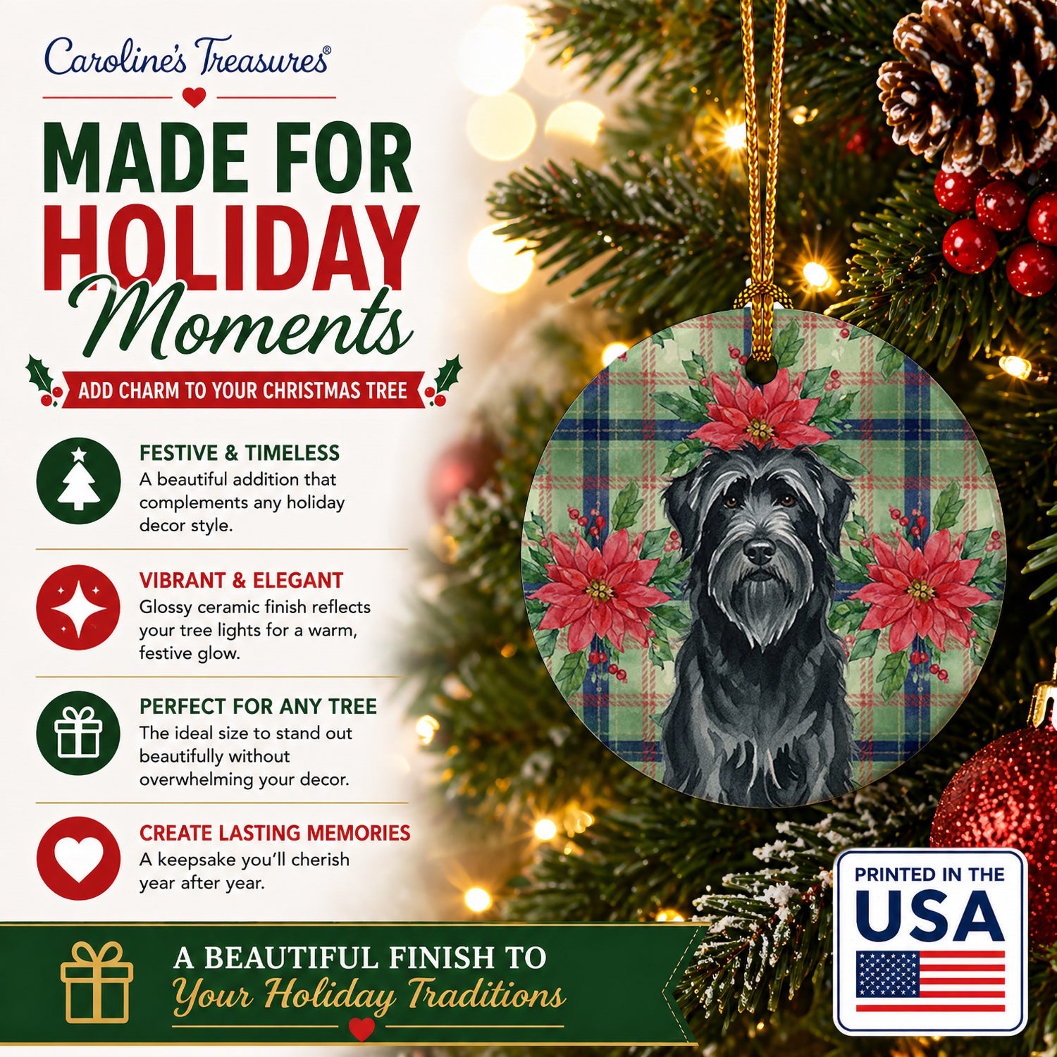 Black Briard Christmas PoinsettIas Ceramic Ornament Christmas Tree Hanging Decorations for Home Christmas Holiday, Party, Gift, 3 in, Multicolor