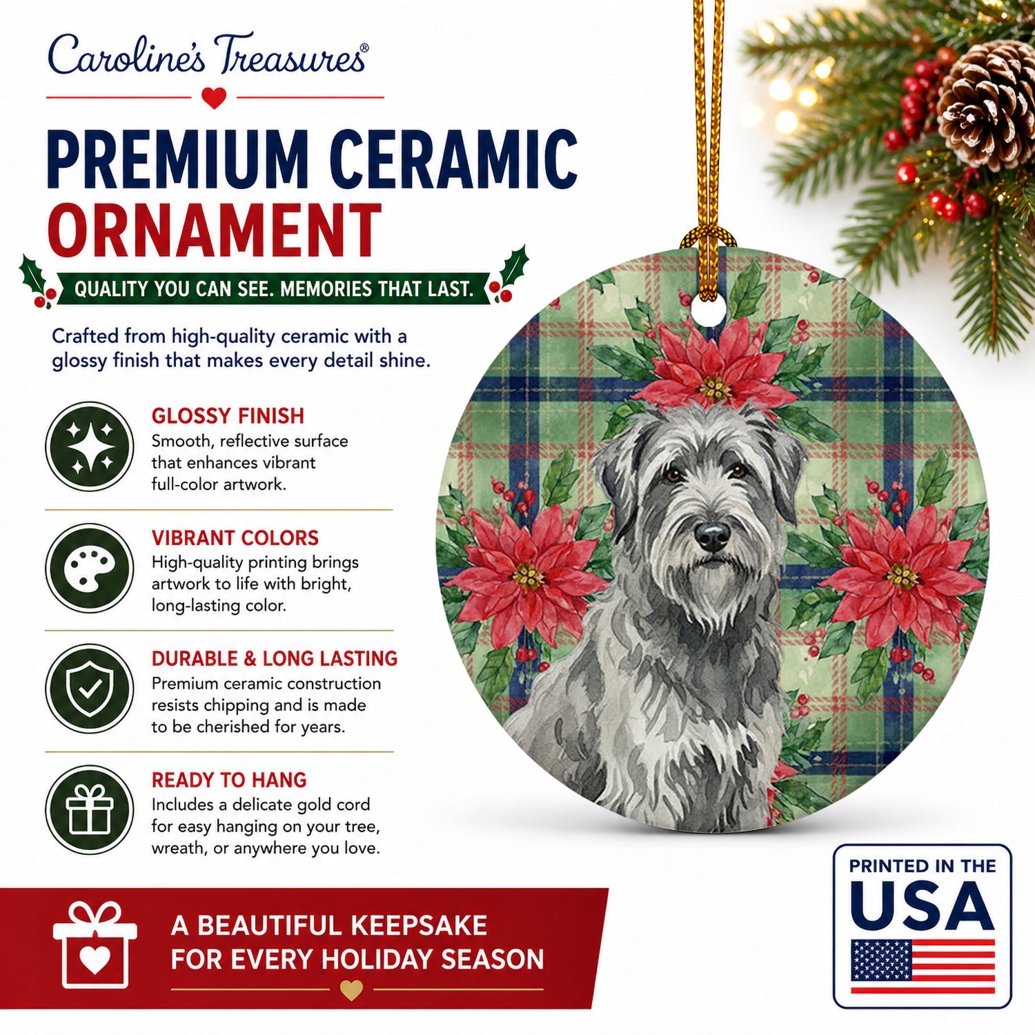Gray Briard Christmas PoinsettIas Ceramic Ornament Christmas Tree Hanging Decorations for Home Christmas Holiday, Party, Gift, 3 in, Multicolor