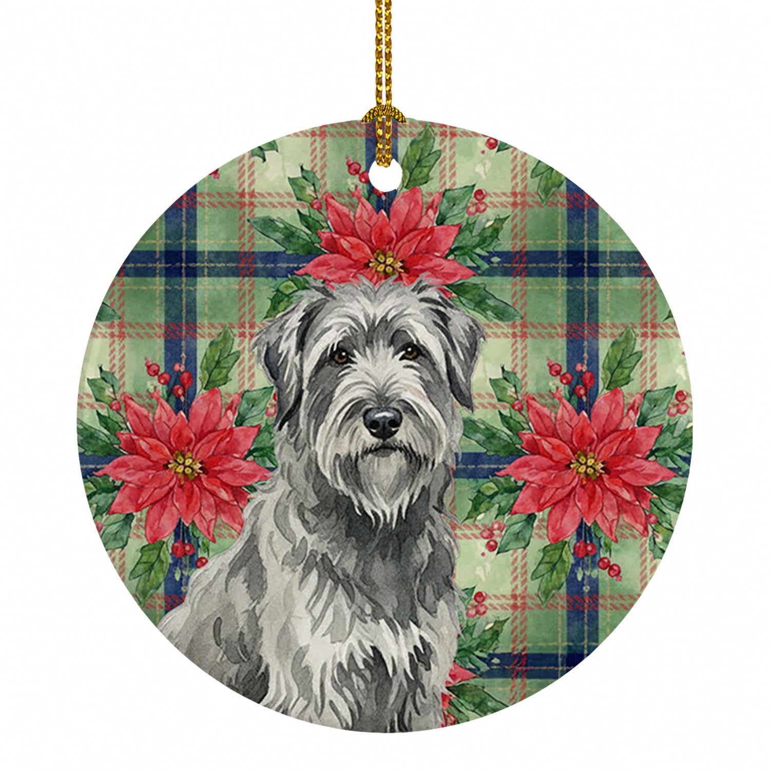 Gray Briard Christmas PoinsettIas Ceramic Ornament Christmas Tree Hanging Decorations for Home Christmas Holiday, Party, Gift, 3 in, Multicolor