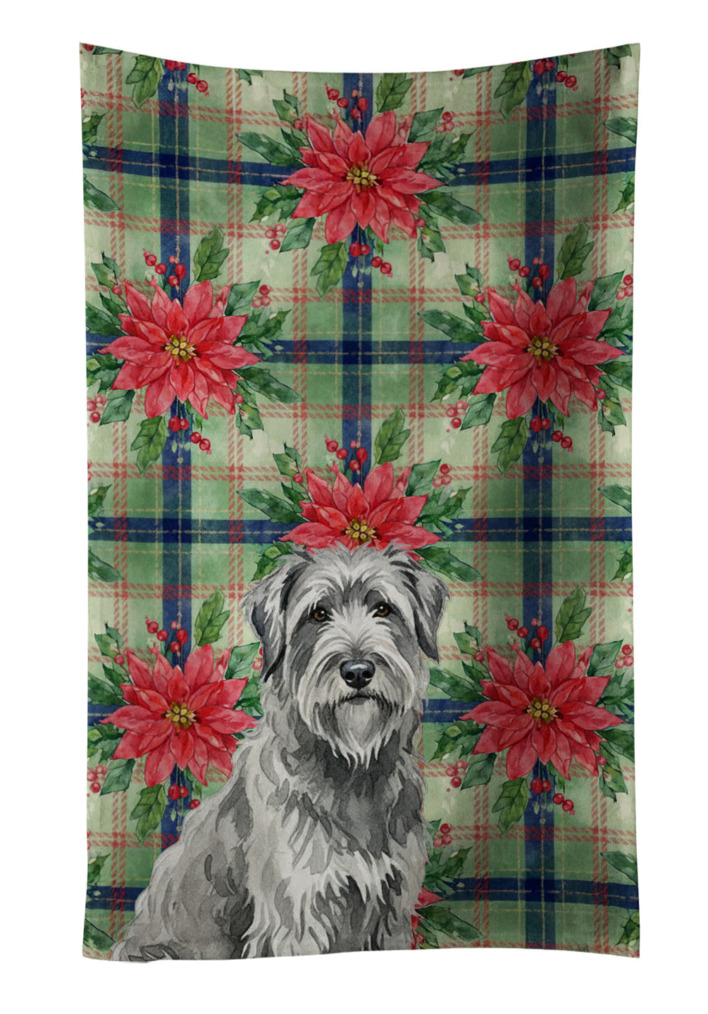 Gray Briard Christmas PoinsettIas Kitchen Towel Velour Plush Front and Cotton Loop Back Machine Washable