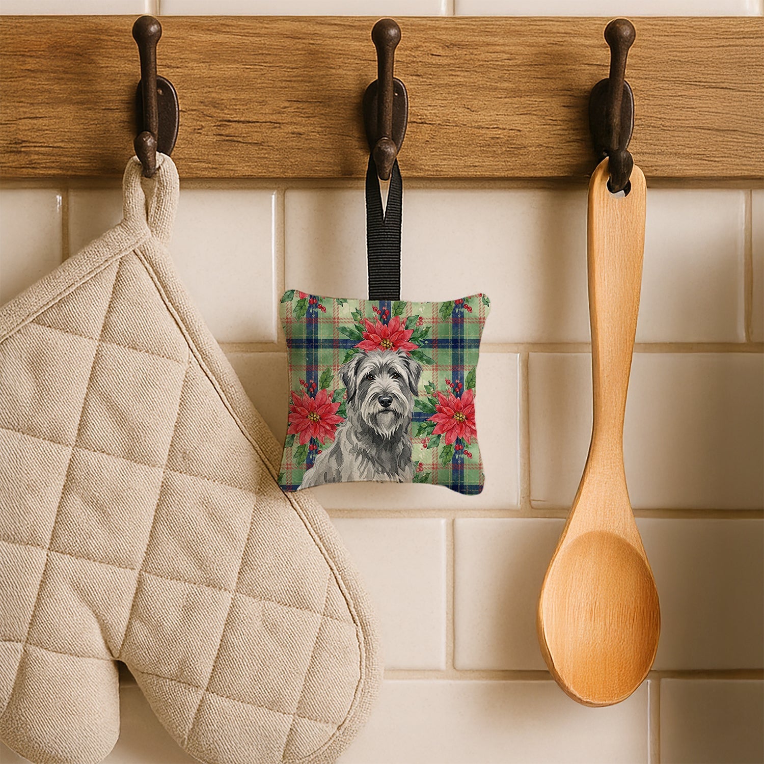 Gray Briard Christmas PoinsettIas Hanging Square Fabric Ornament 3.5 � 3.5 Decorative Door-Knob & Tree Hanger, Soft Fabric