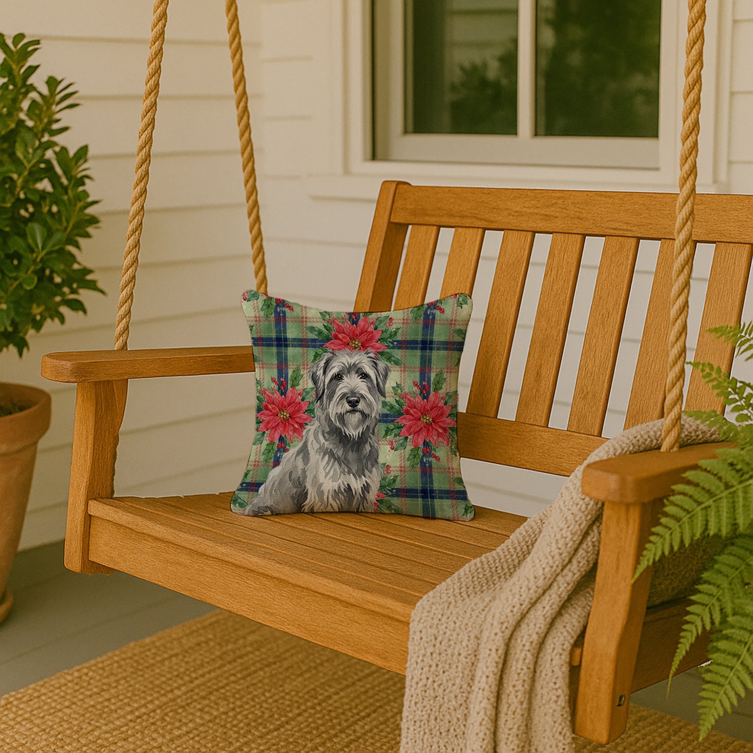 Gray Briard Christmas PoinsettIas Decorative Throw Pillow 14x14 Indoor Outdoor Accent Cushion, Fabric Cover with Insert for Sofa, Bed, Porch & Living Room