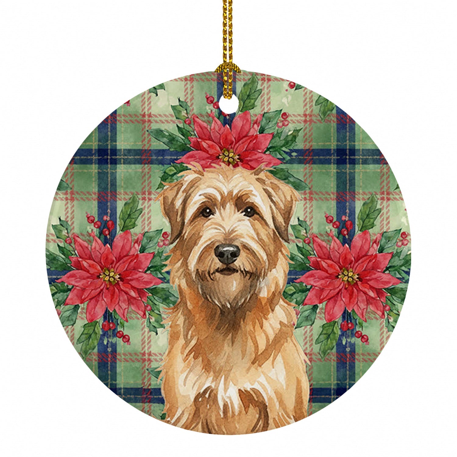 Tawny Briard Christmas PoinsettIas Ceramic Ornament Christmas Tree Hanging Decorations for Home Christmas Holiday, Party, Gift, 3 in, Multicolor