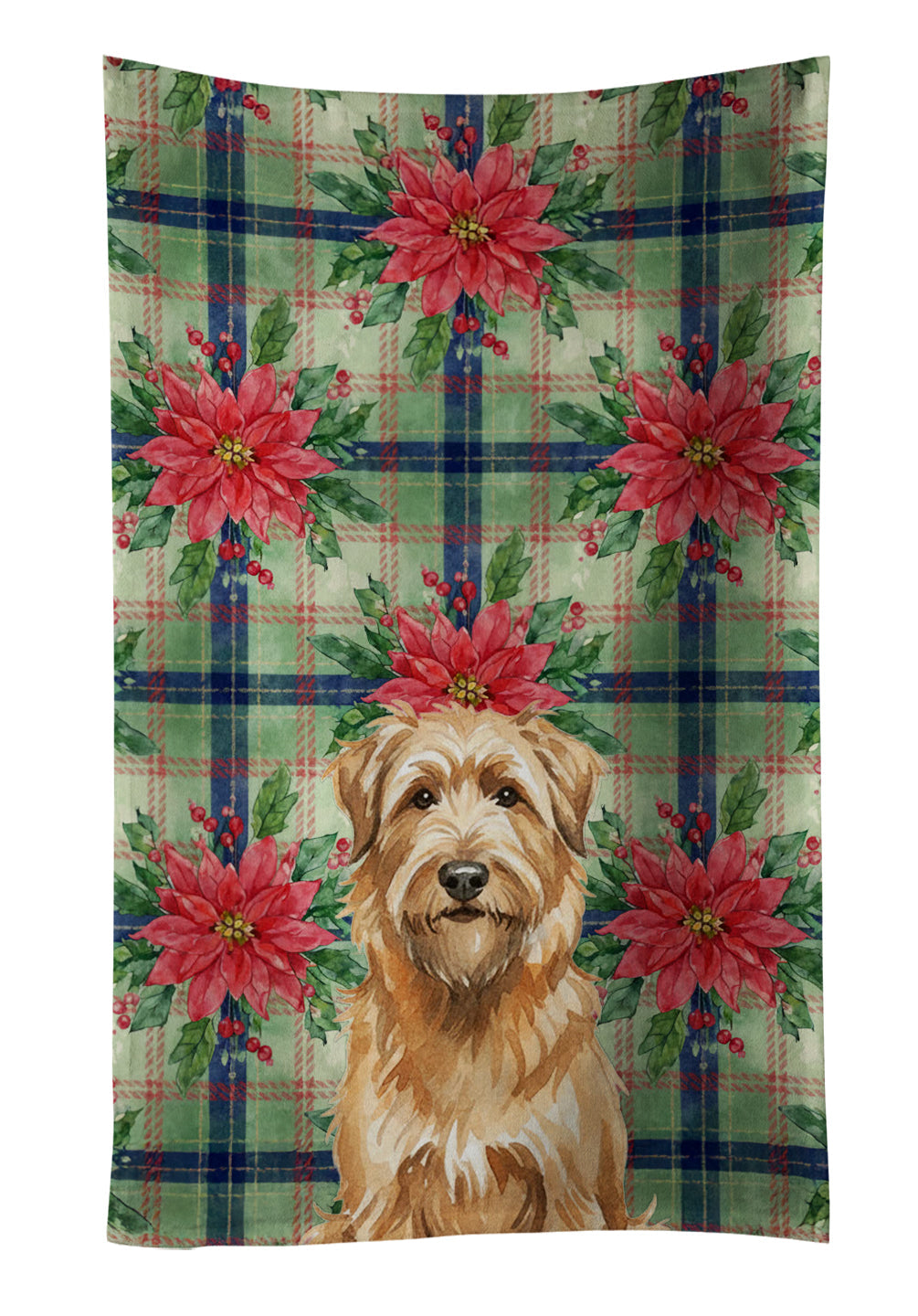 Tawny Briard Christmas PoinsettIas Kitchen Towel Velour Plush Front and Cotton Loop Back Machine Washable