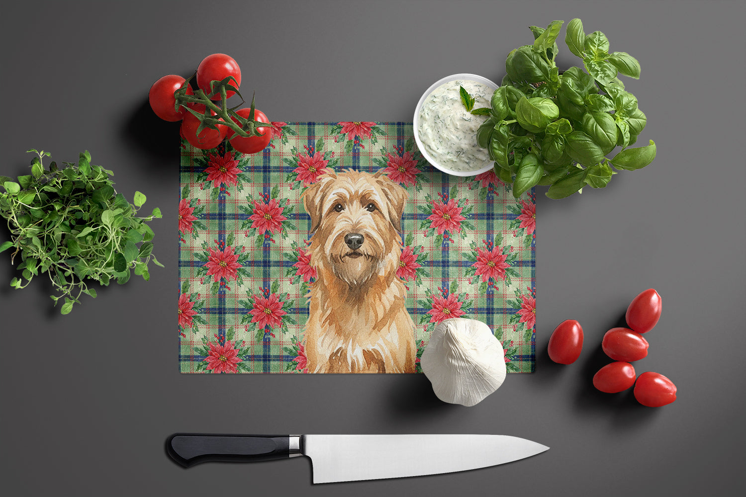 Tawny Briard Christmas PoinsettIas Cutting Board Tempered Glass Kitchen Cutting Surface, Heat Resistant Chopping, Non-Slip Feet, Food Prep & Serving