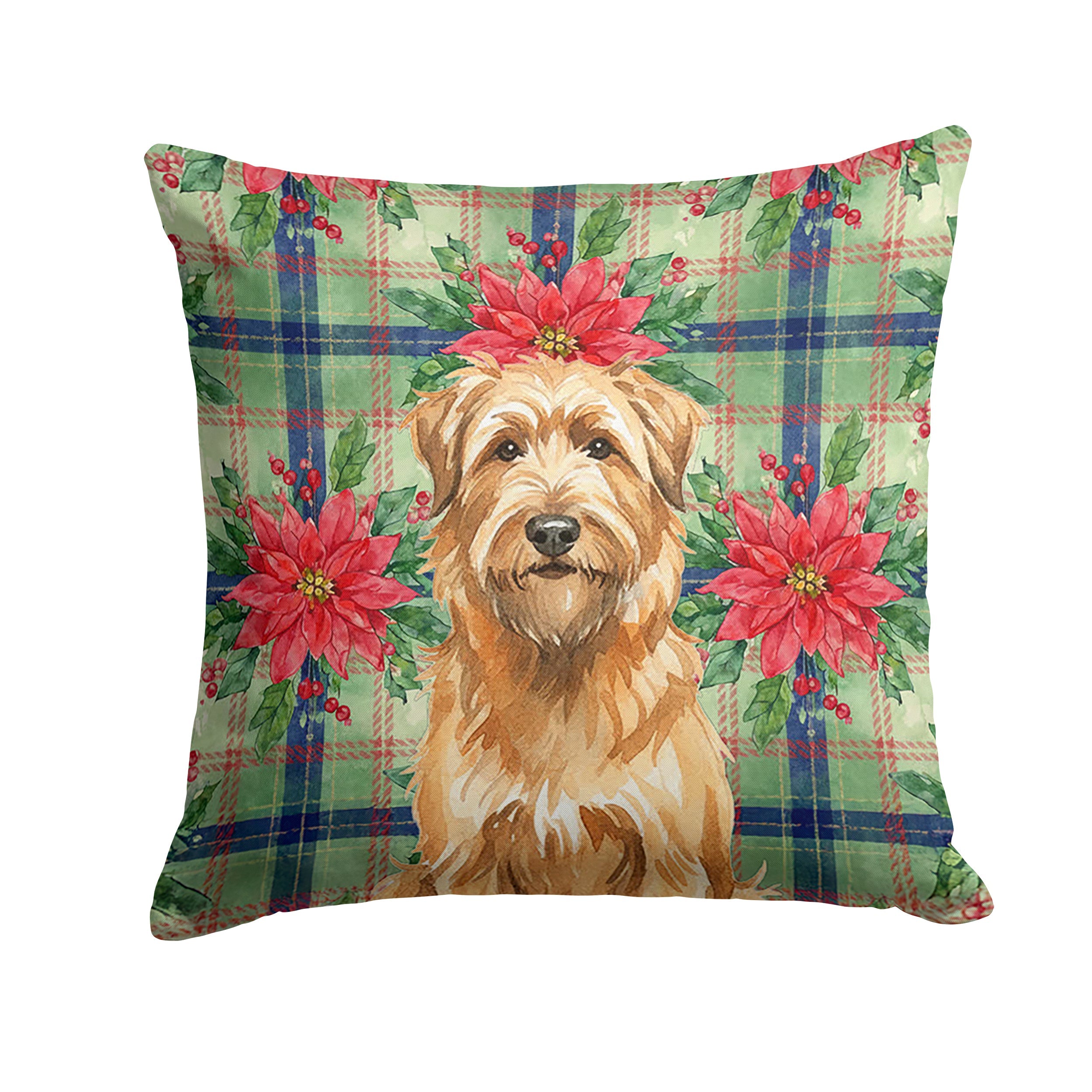 Tawny Briard Christmas PoinsettIas Decorative Throw Pillow 14x14 Indoor Outdoor Accent Cushion, Fabric Cover with Insert for Sofa, Bed, Porch & Living Room