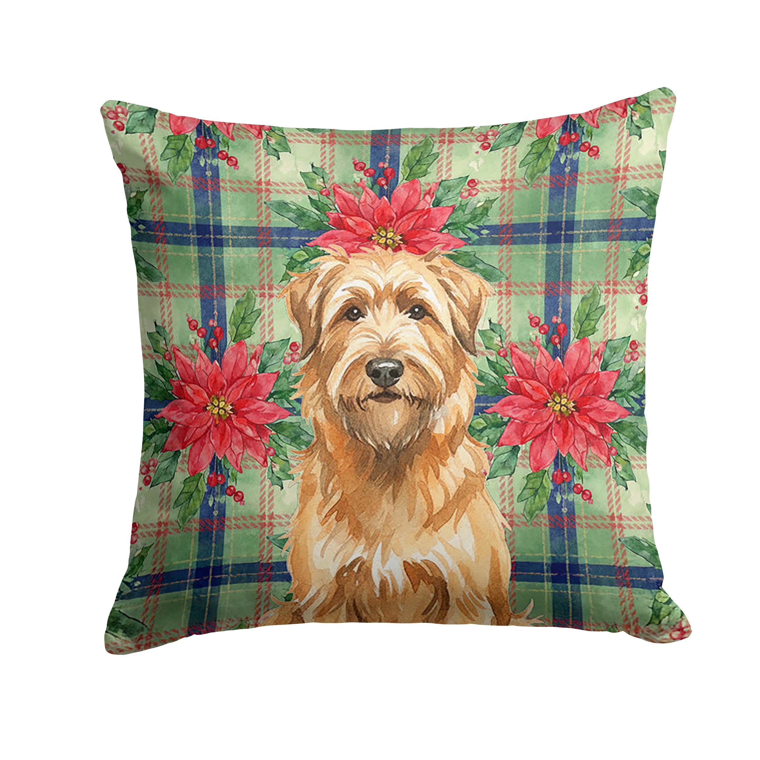 Tawny Briard Christmas PoinsettIas Decorative Throw Pillow 18x18 Indoor Outdoor Accent Cushion, Fabric Cover with Insert for Sofa, Bed, Porch & Living Room