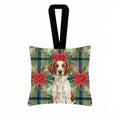 Liver and White Brittany Christmas PoinsettIas Hanging Square Fabric Ornament 3.5 � 3.5 Decorative Door-Knob & Tree Hanger, Soft Fabric