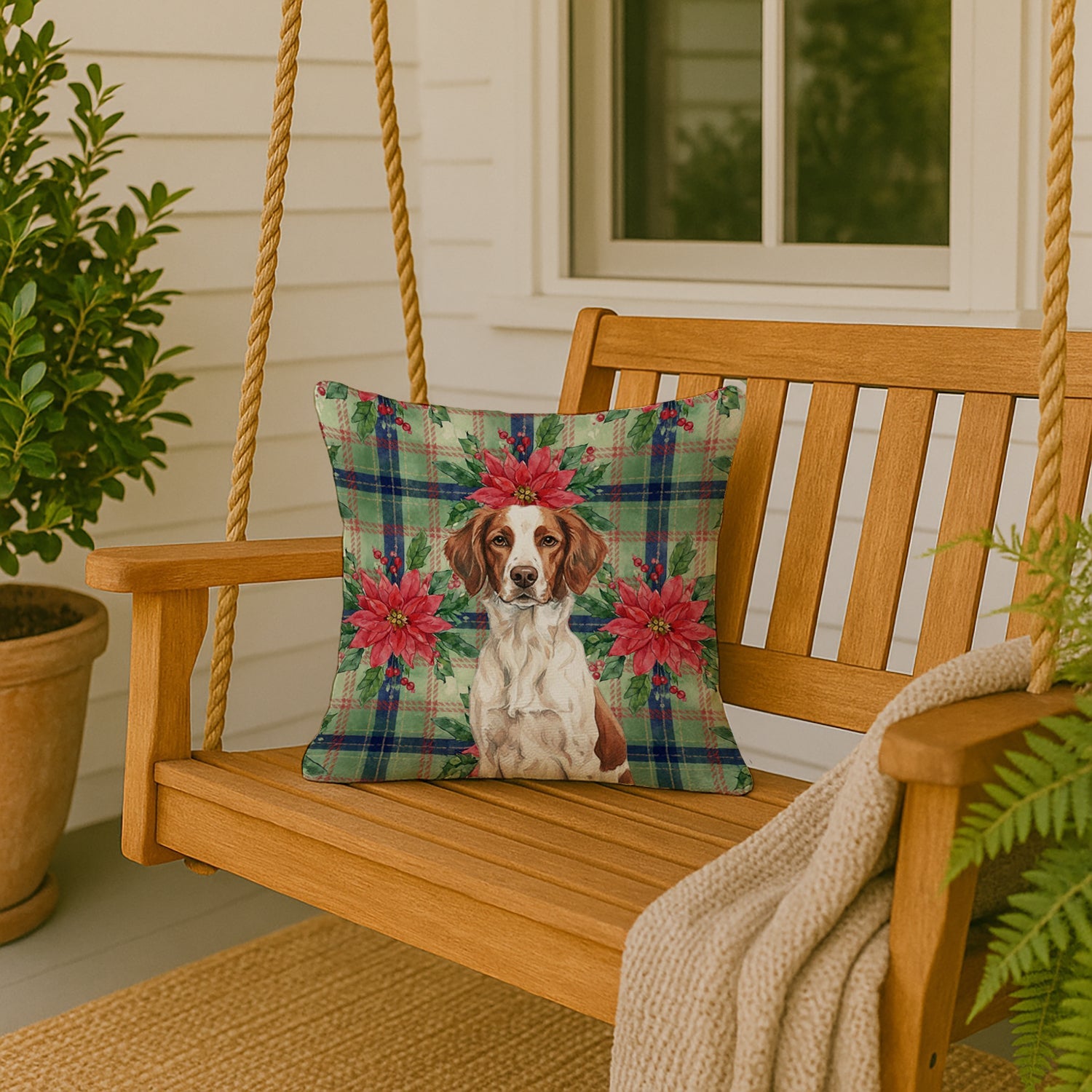 Liver and White Brittany Christmas PoinsettIas Decorative Throw Pillow 18x18 Indoor Outdoor Accent Cushion, Fabric Cover with Insert for Sofa, Bed, Porch & Living Room