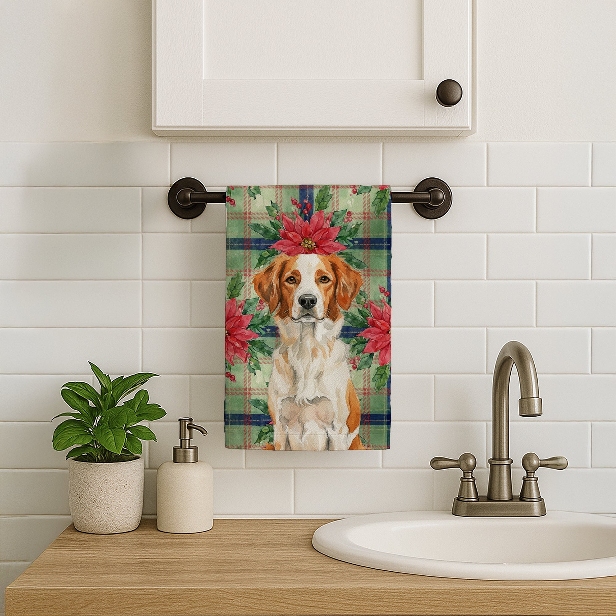 Orange and White Brittany Christmas PoinsettIas Kitchen Towel Velour Plush Front and Cotton Loop Back Machine Washable