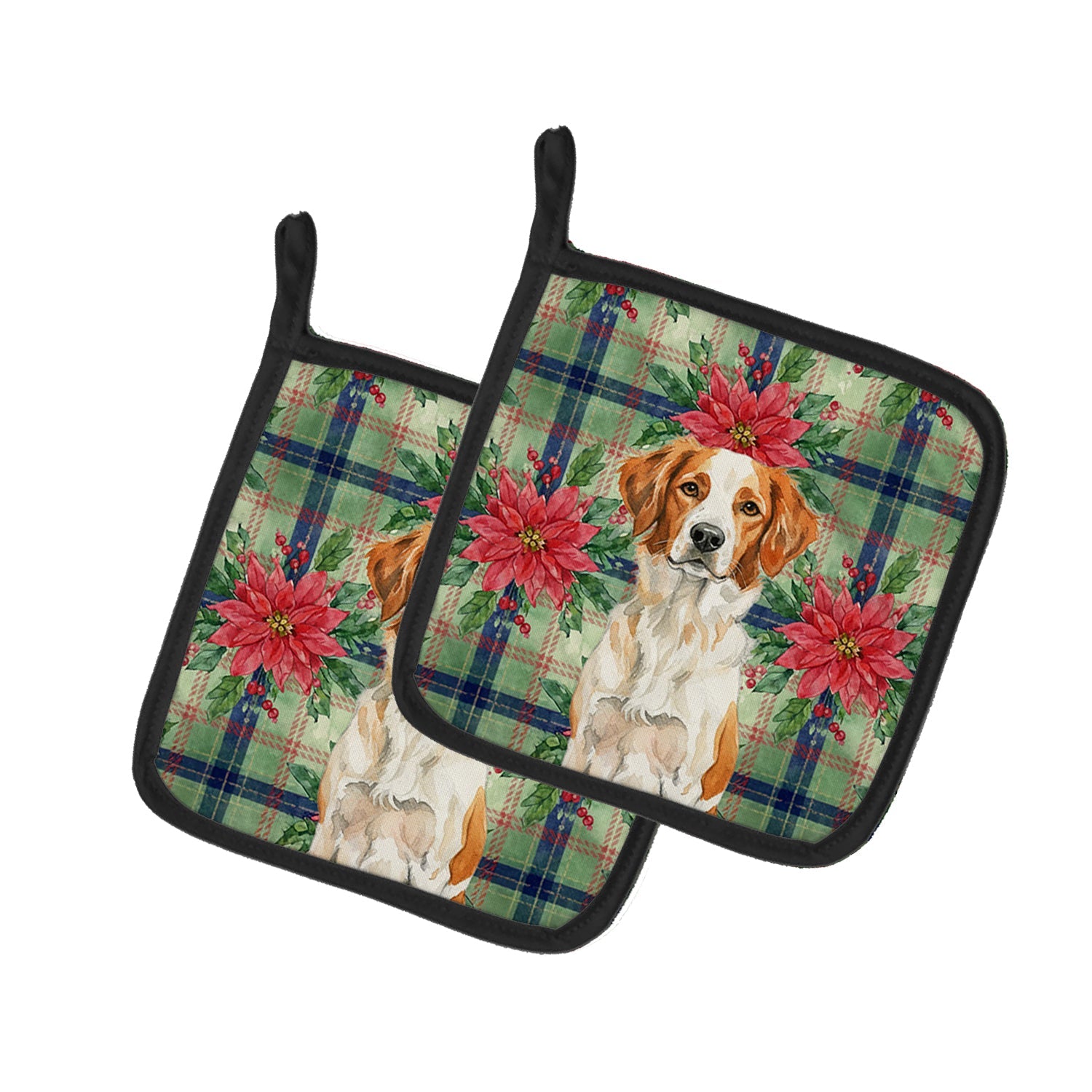 Orange and White Brittany Christmas PoinsettIas Pot Holder Set of 2 Heat Resistant Quilted Hot Pads 7.5 x 7.5 Inch, Insulated Kitchen Trivets for Cooking & Baking