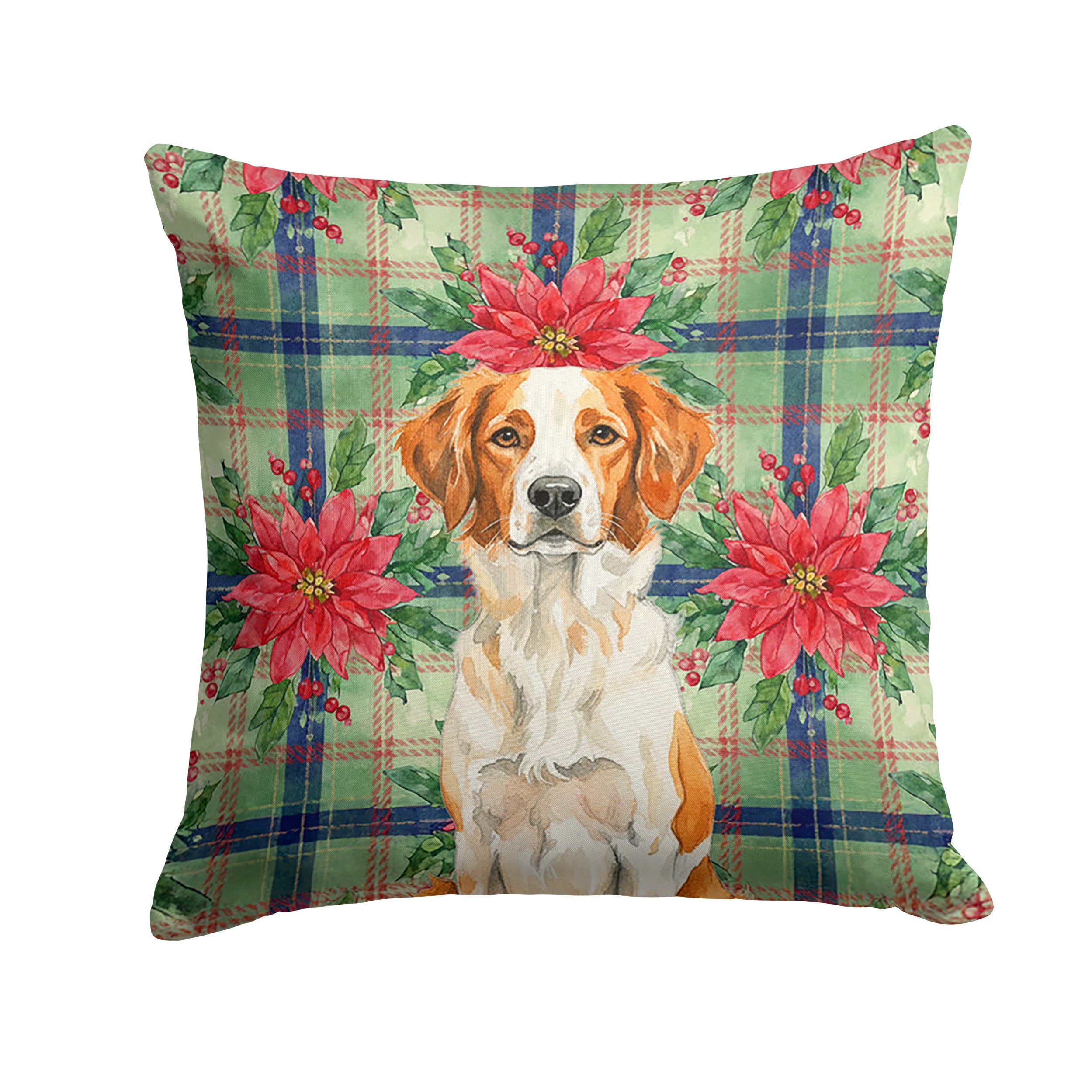 Orange and White Brittany Christmas PoinsettIas Decorative Throw Pillow 18x18 Indoor Outdoor Accent Cushion, Fabric Cover with Insert for Sofa, Bed, Porch & Living Room