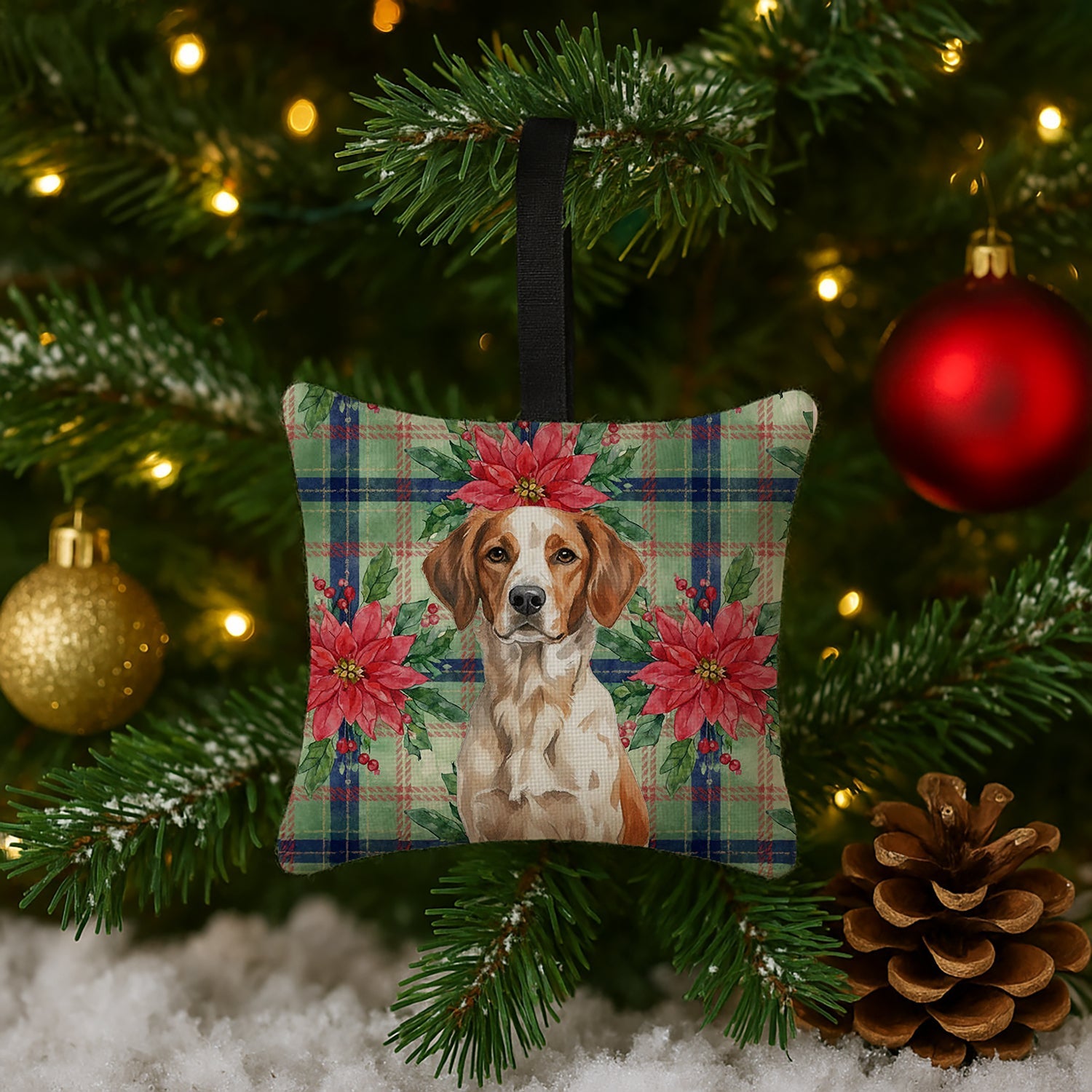 Roan Brittany Christmas PoinsettIas Hanging Square Fabric Ornament 3.5 � 3.5 Decorative Door-Knob & Tree Hanger, Soft Fabric