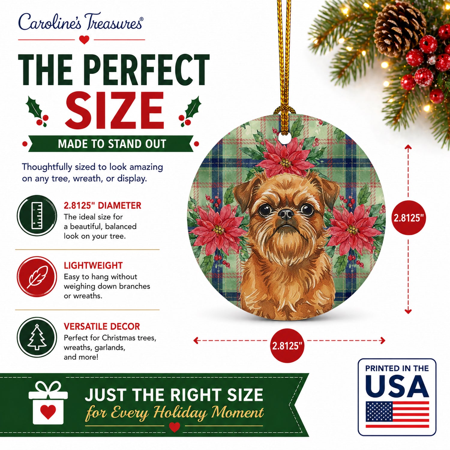 Belge Brussels Griffon Christmas PoinsettIas Ceramic Ornament Christmas Tree Hanging Decorations for Home Christmas Holiday, Party, Gift, 3 in, Multicolor