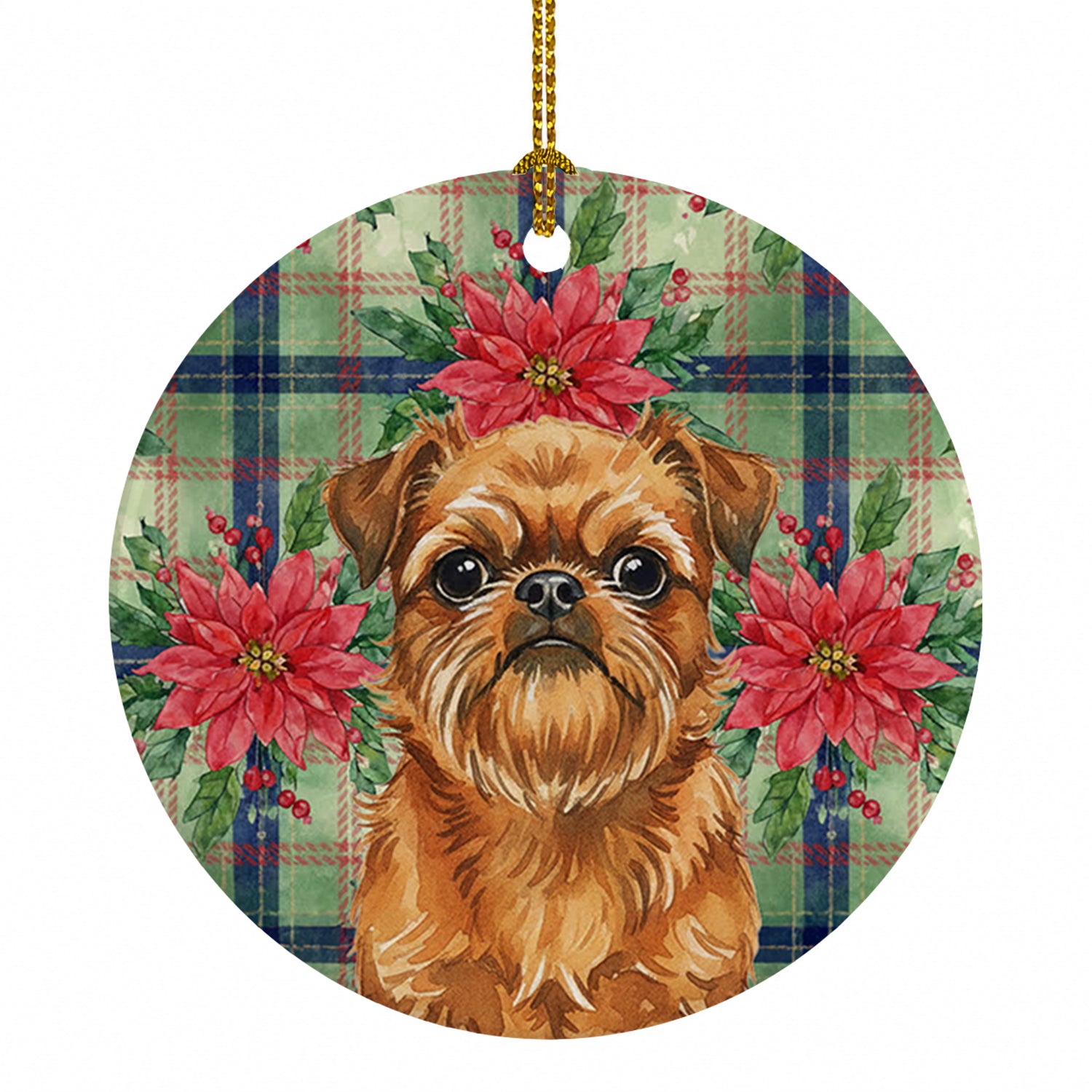 Belge Brussels Griffon Christmas PoinsettIas Ceramic Ornament Christmas Tree Hanging Decorations for Home Christmas Holiday, Party, Gift, 3 in, Multicolor
