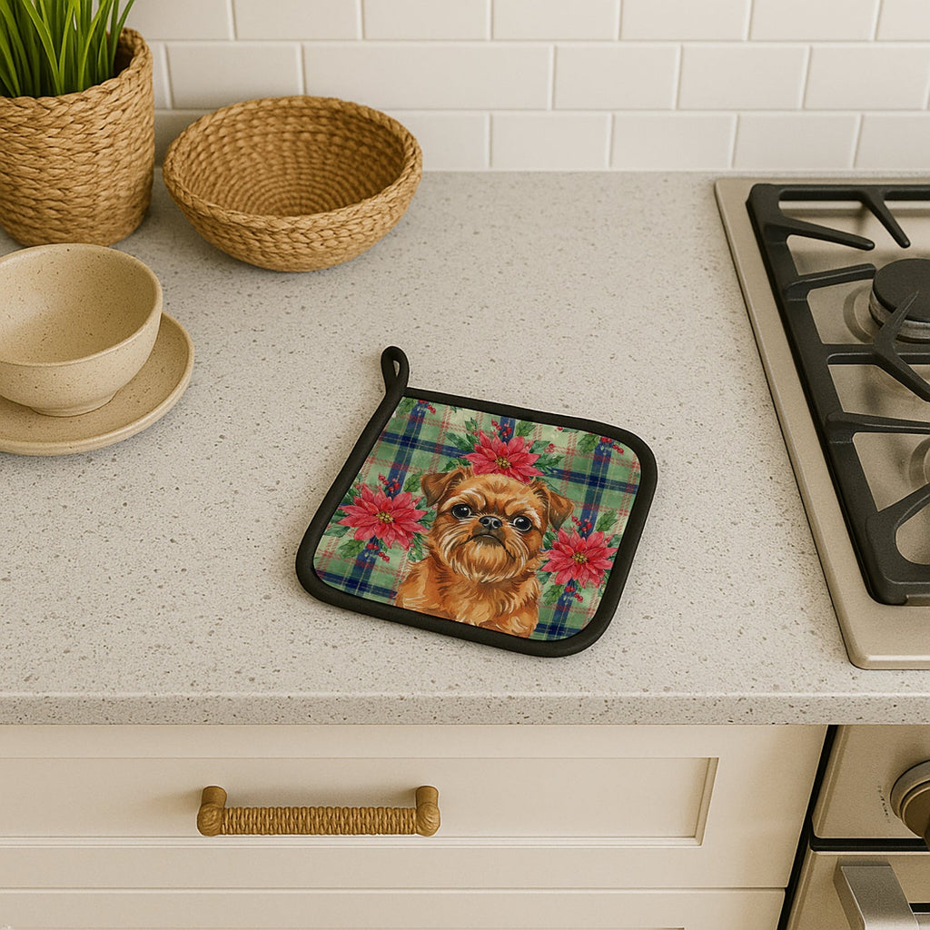 Belge Brussels Griffon Christmas PoinsettIas Pot Holder Set of 2 Heat Resistant Quilted Hot Pads 7.5 x 7.5 Inch, Insulated Kitchen Trivets for Cooking & Baking