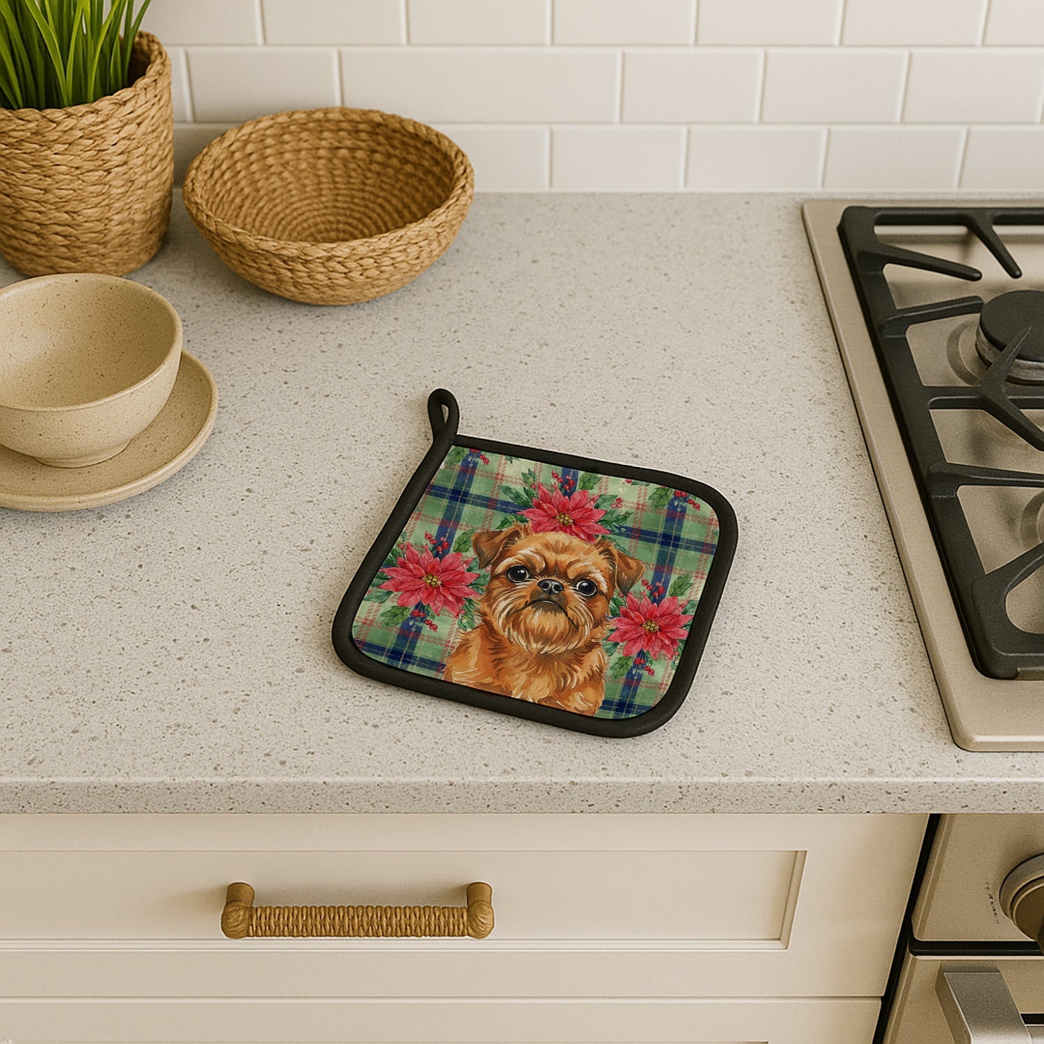 Belge Brussels Griffon Christmas PoinsettIas Pot Holder Set of 2 Heat Resistant Quilted Hot Pads 7.5 x 7.5 Inch, Insulated Kitchen Trivets for Cooking & Baking