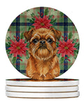 Belge Brussels Griffon Christmas PoinsettIas Large Sandstone Coasters Pack of 4 Absorbent Round Coasters Decor Gifts for Men or Women, 4 in, Multicolor