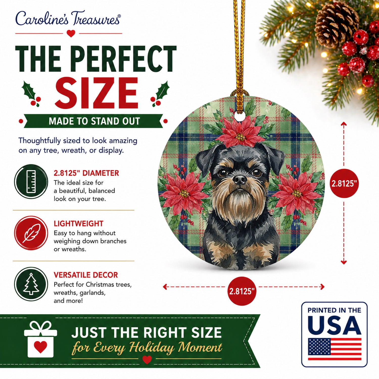 Black and Tan Brussels Griffon Christmas PoinsettIas Ceramic Ornament Christmas Tree Hanging Decorations for Home Christmas Holiday, Party, Gift, 3 in, Multicolor