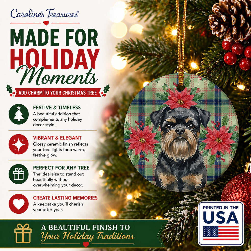 Black and Tan Brussels Griffon Christmas PoinsettIas Ceramic Ornament Christmas Tree Hanging Decorations for Home Christmas Holiday, Party, Gift, 3 in, Multicolor