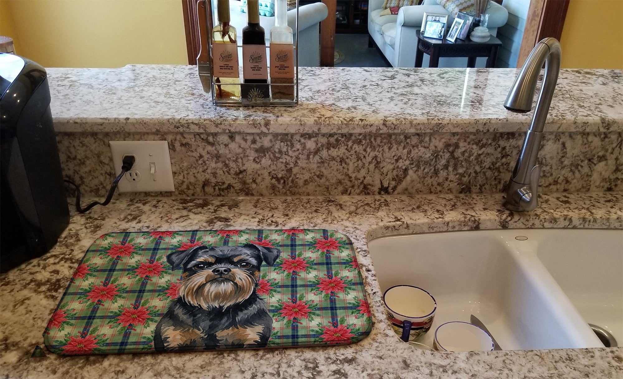 Black and Tan Brussels Griffon Christmas PoinsettIas Dish Drying Mat Absorbent Dish Drying Mat Pad for Kitchen Counter Dish Drainer Mat for Countertop, 14 x 21", Multicolor