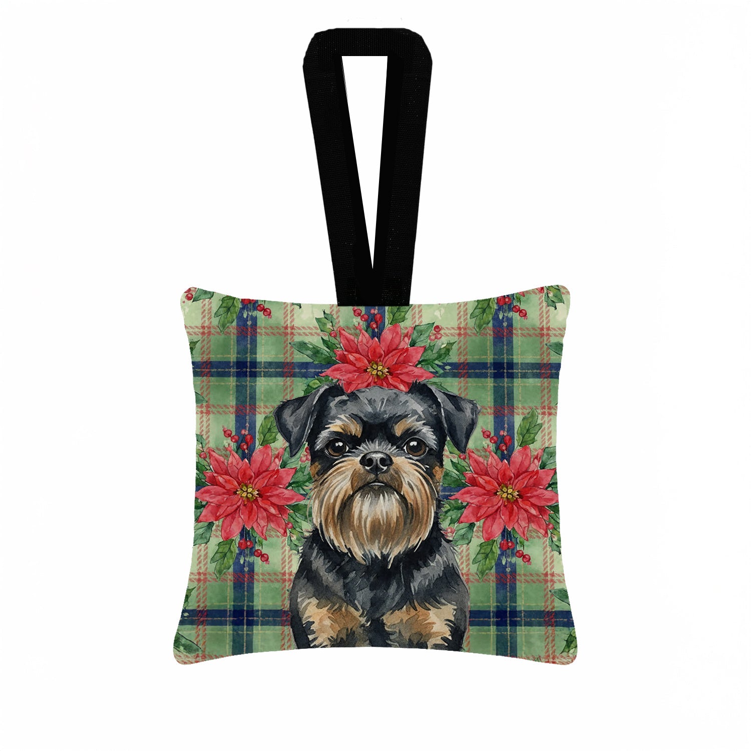 Black and Tan Brussels Griffon Christmas PoinsettIas Hanging Square Fabric Ornament 3.5 � 3.5 Decorative Door-Knob & Tree Hanger, Soft Fabric